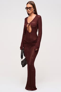 Mocha Knitted Maxi Dress with Laddered Panels, Keyhole Neckline, Full Length Sleeves