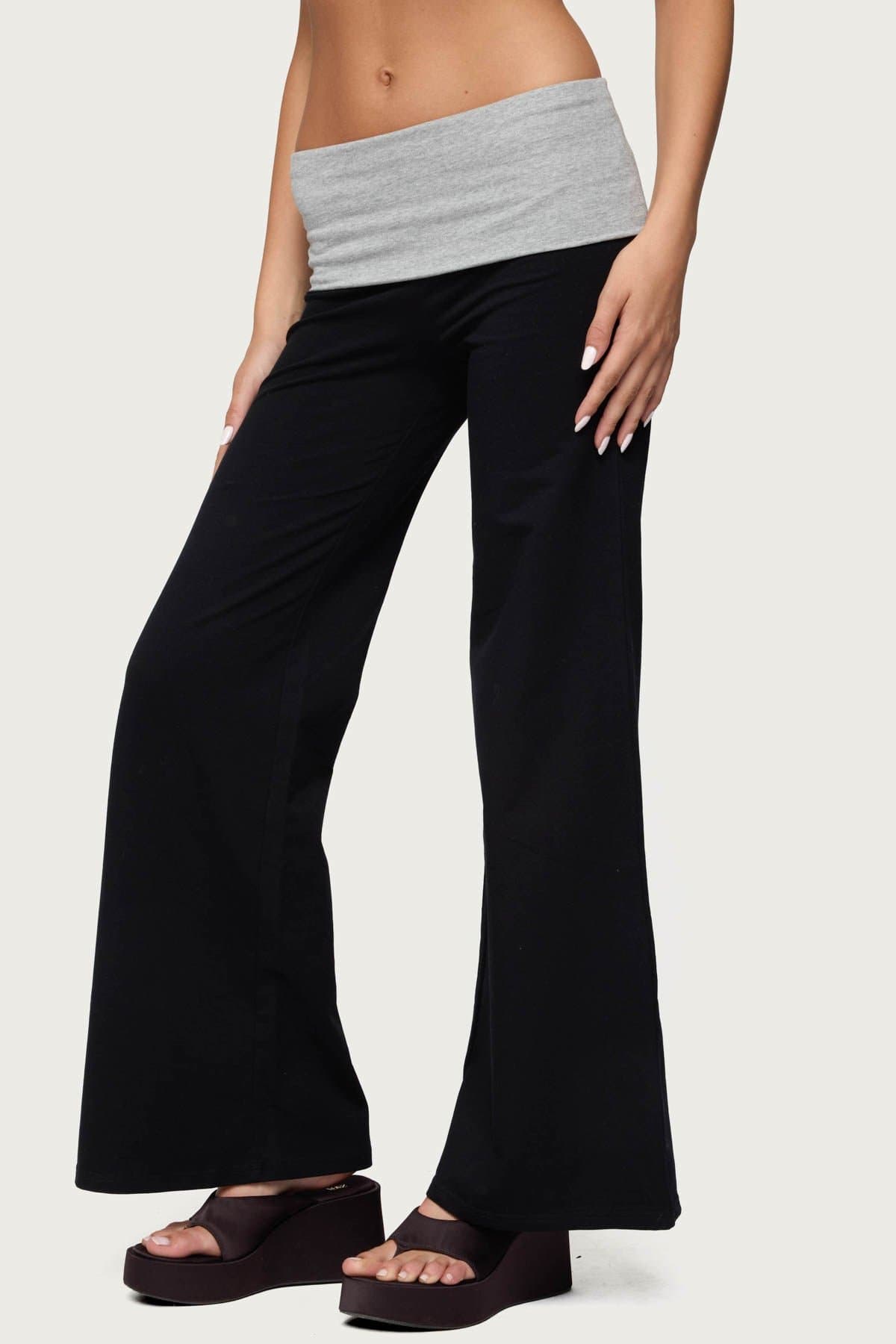 Wide Leg Contrast Foldover Waistband Pants - Cotton Spandex