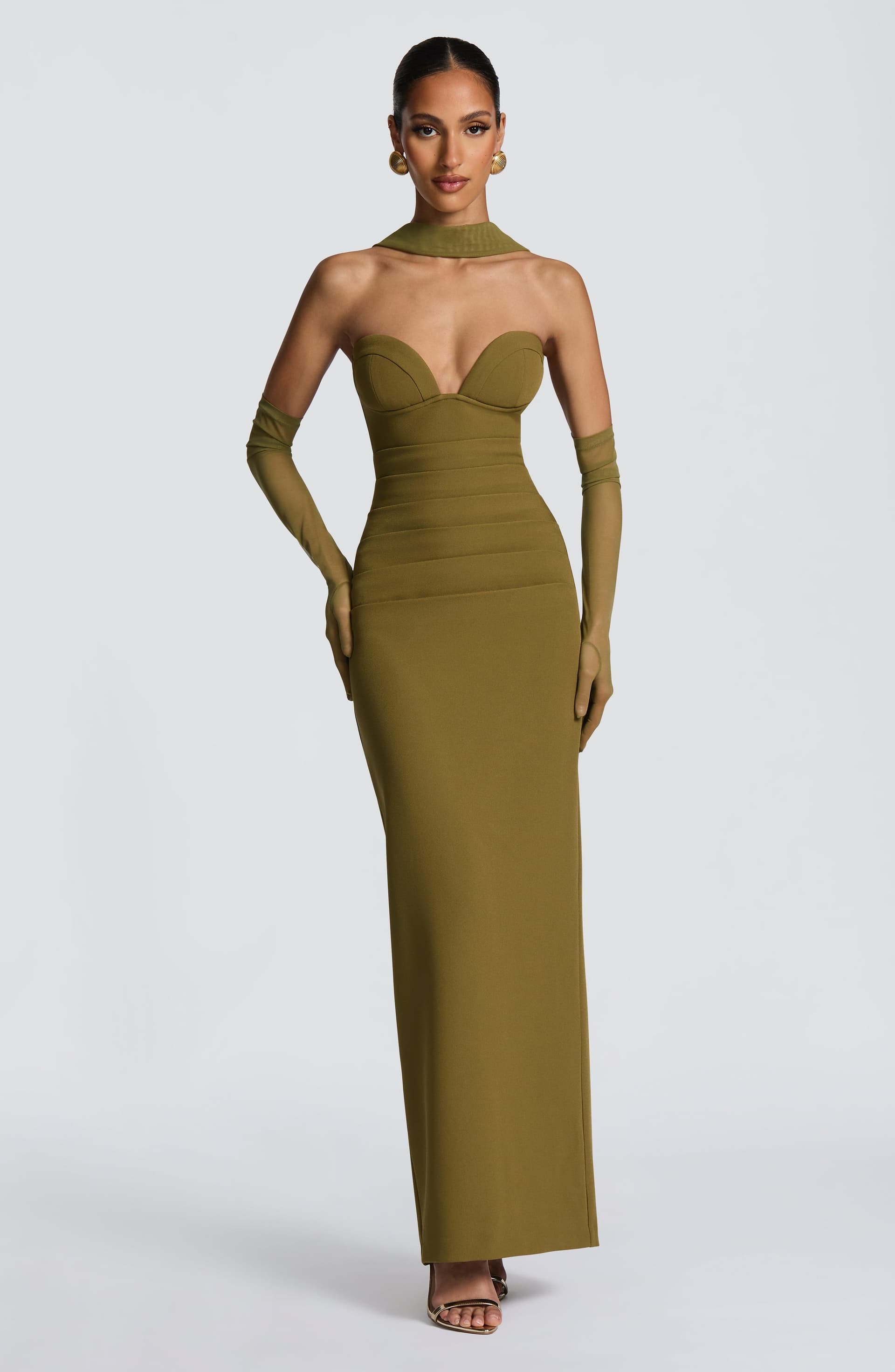 Lindsey Maxi Dress Deep Olive Strapless Underwired Crepe