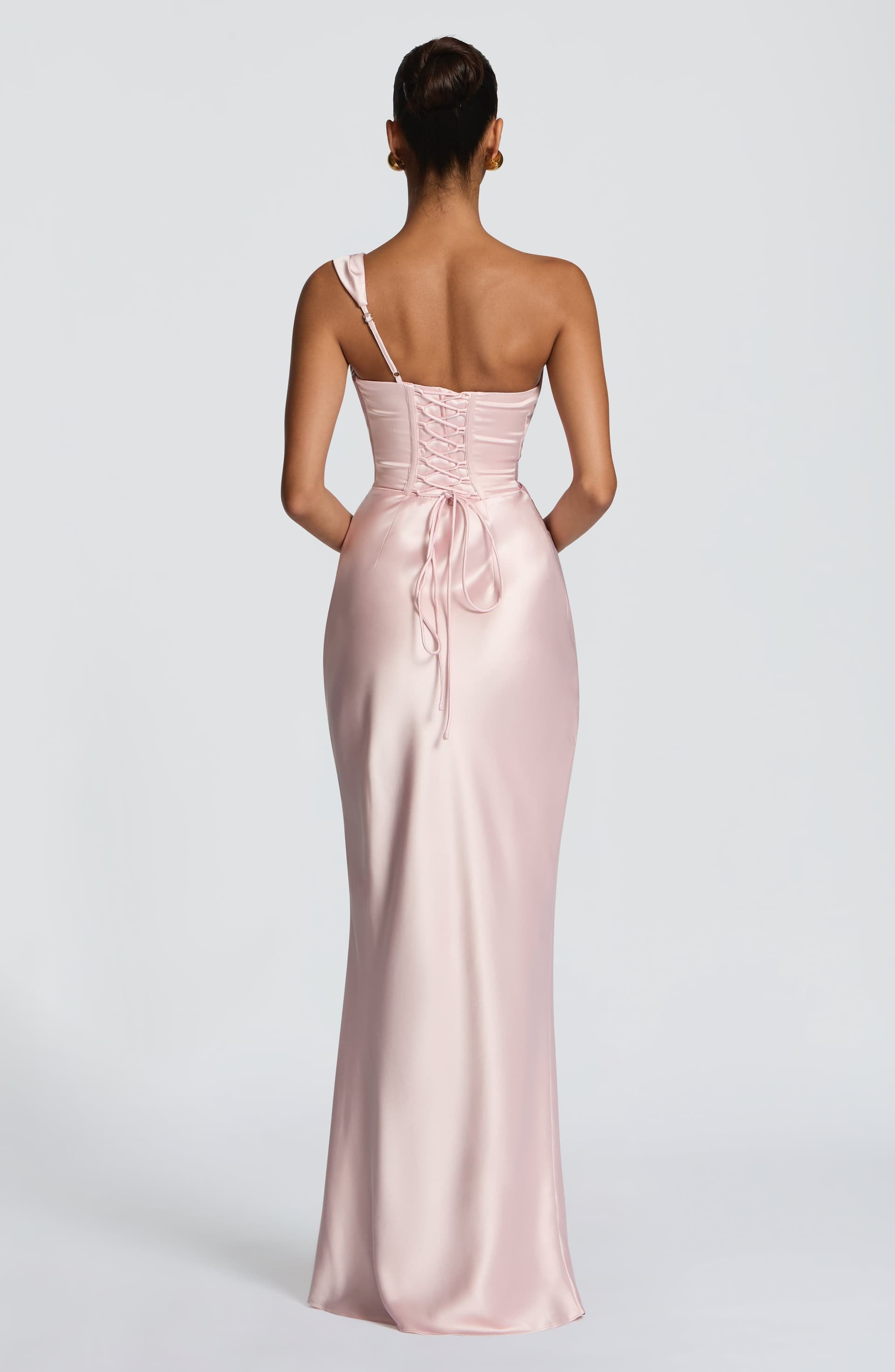 Thalassa Maxi Dress in Blush - Satin One Shoulder with Corset and Lace-Up Back