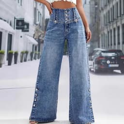 High Waist Wide Leg Jeans – Button Detail Side Slit Flare Denim Trousers for Women S-2XL