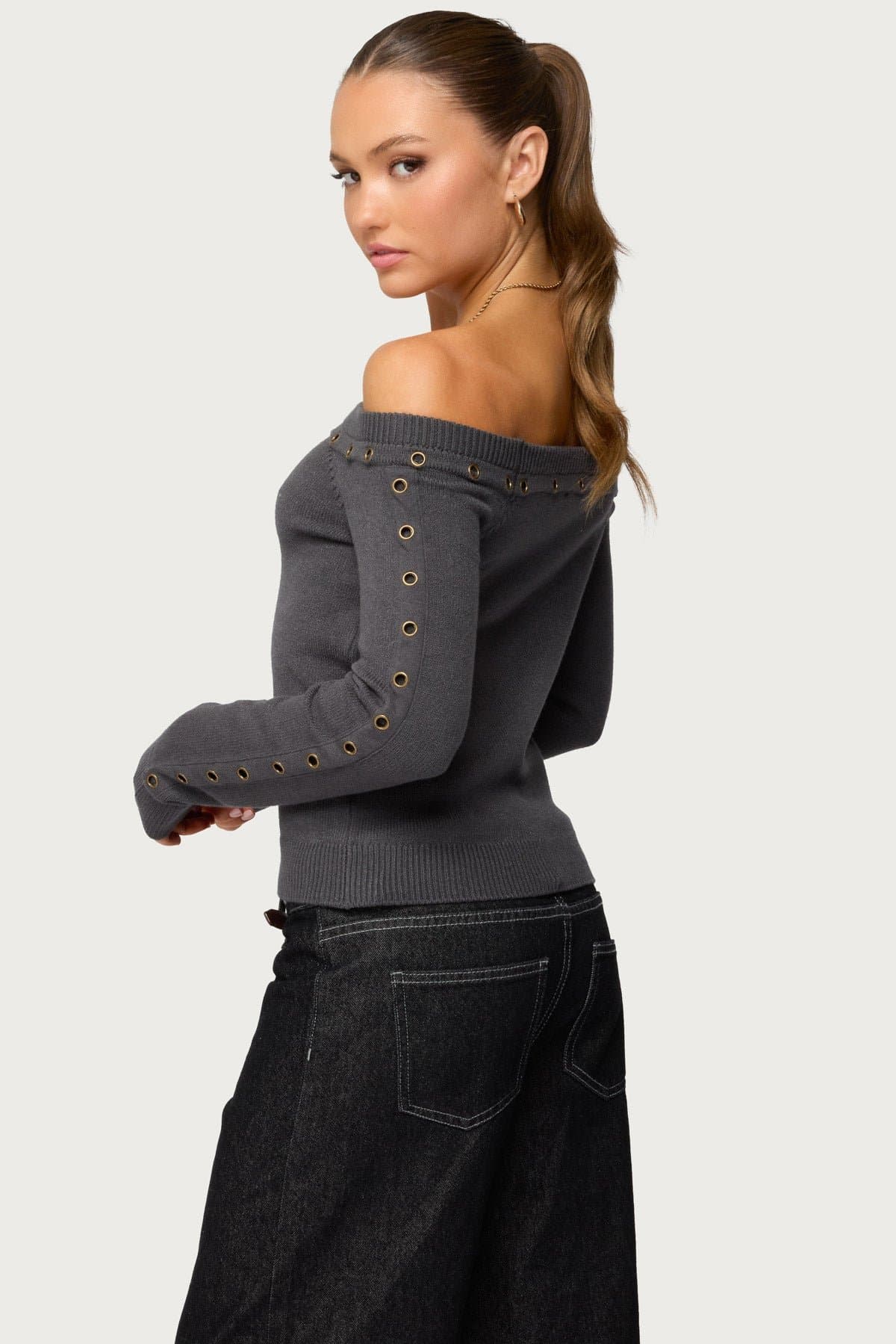 Morgen Grommet Off Shoulder Knit Top - Rayon Polyester Nylon