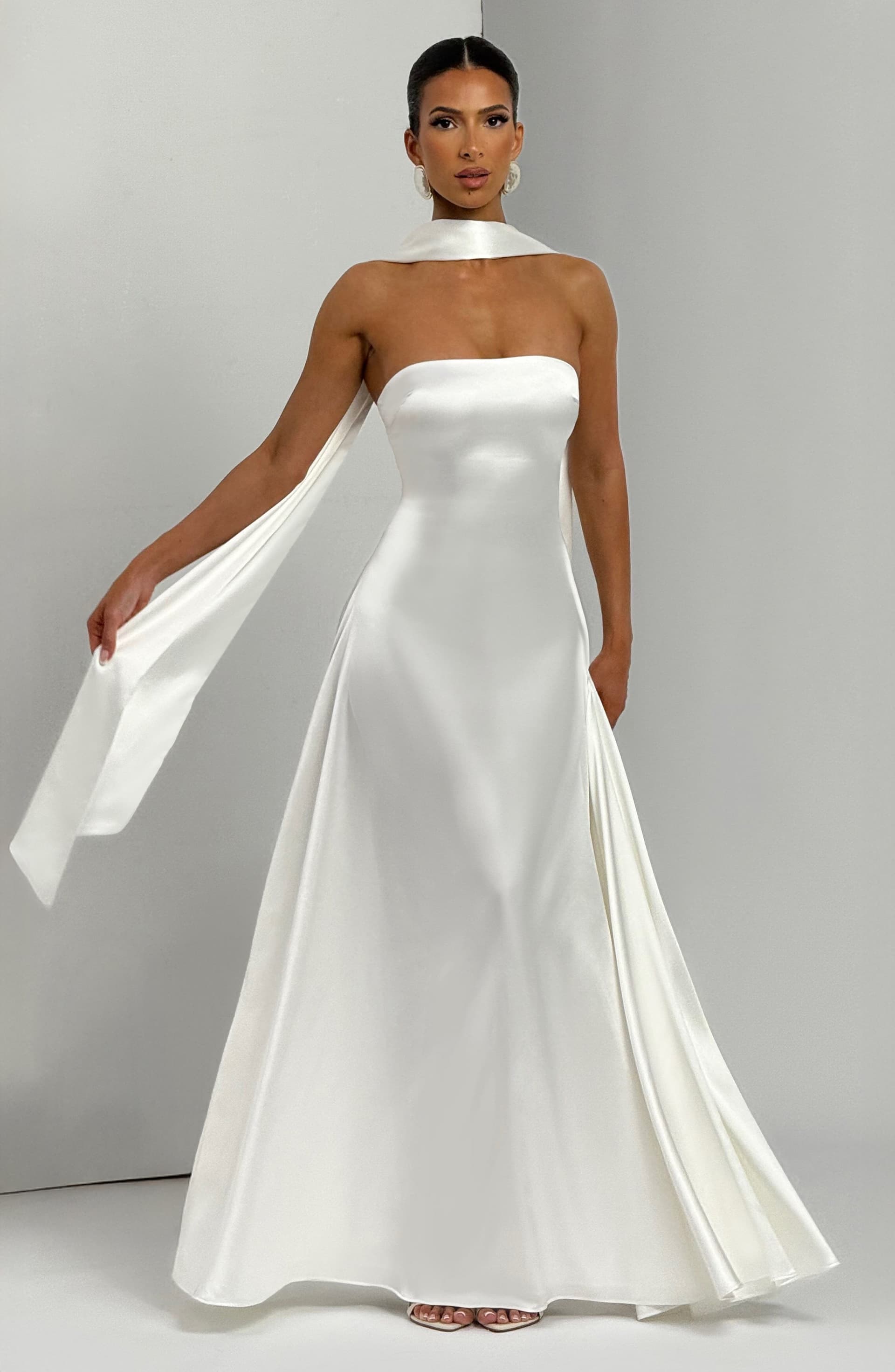 Morven Maxi Dress in Ivory - Strapless Satin A-Line with Lace-Up Back