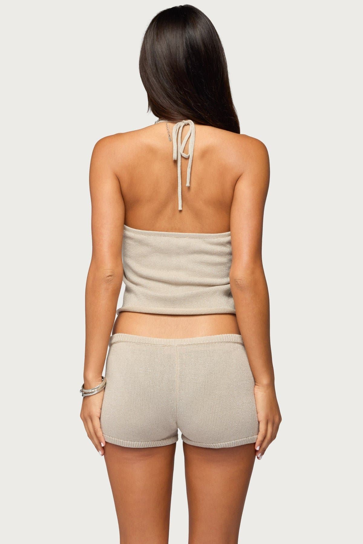 Nicca Iridescent Knit Halter Top with Neck Tie Closure - Cotton Metallic Fibers