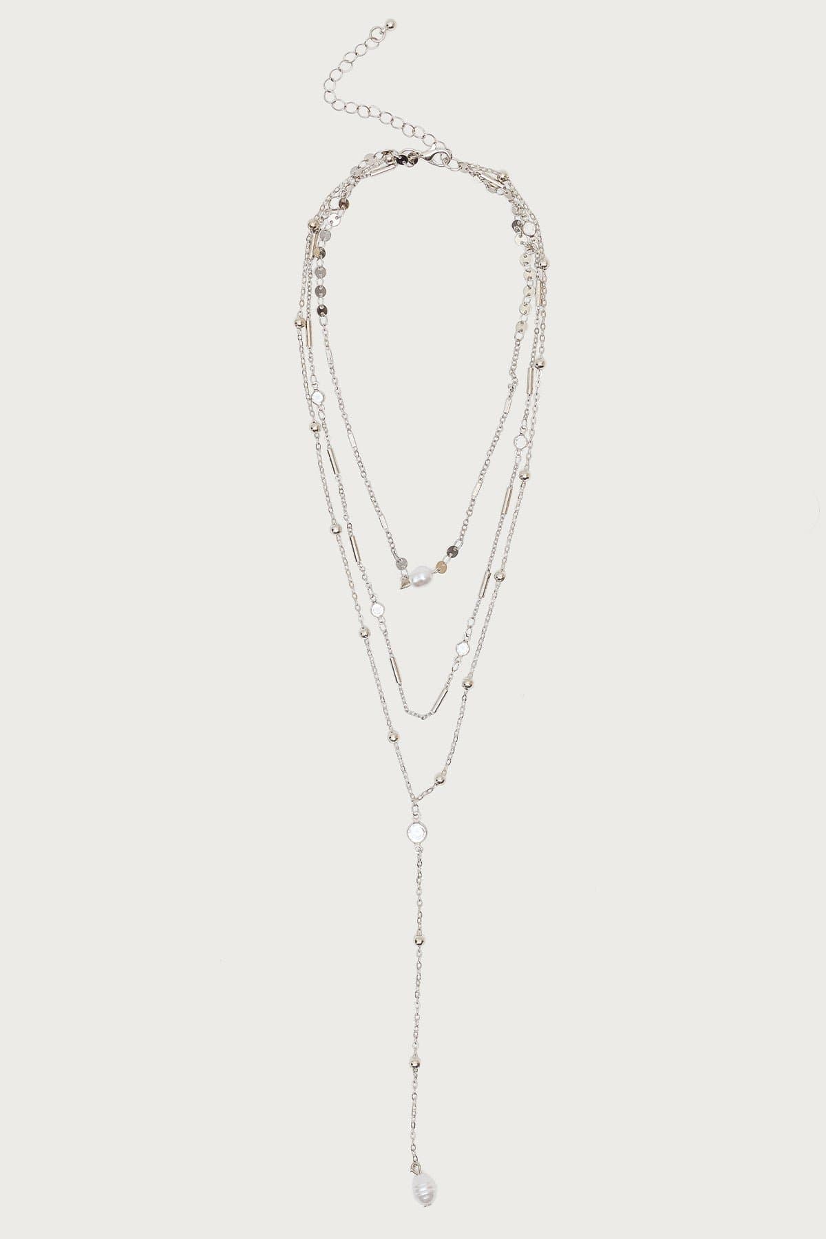 Layered Cascading Necklace with Bead Detailing Silver Tone 14.1 Inch Length