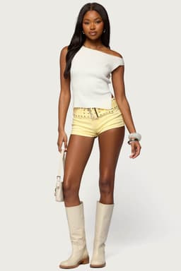 Studded Belt Denim Micro Shorts - Low Rise Stretchy Cotton Spandex Size S Inseam 1.8in