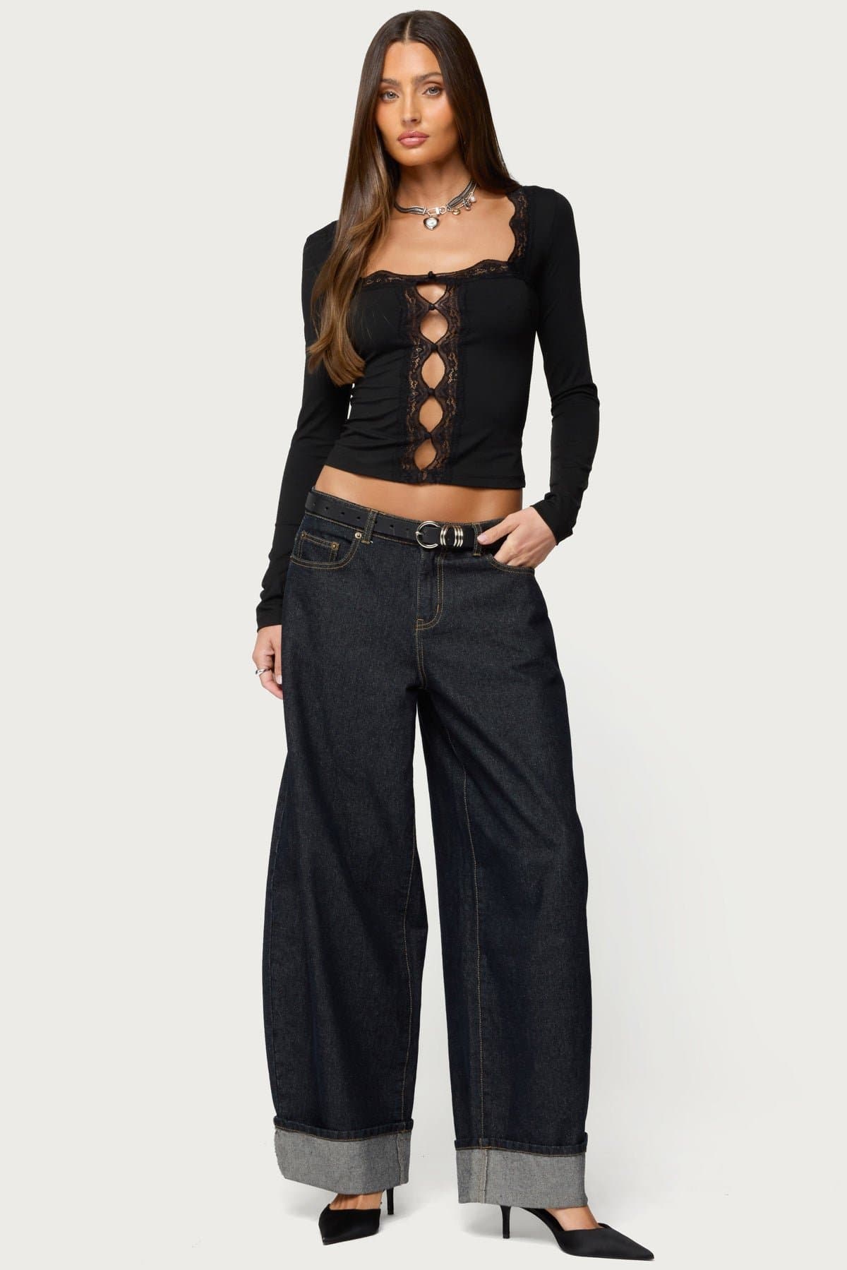 Zeya Lacey Keyhole Top - Long Sleeve Square Neck Lace Trim Polyester Spandex