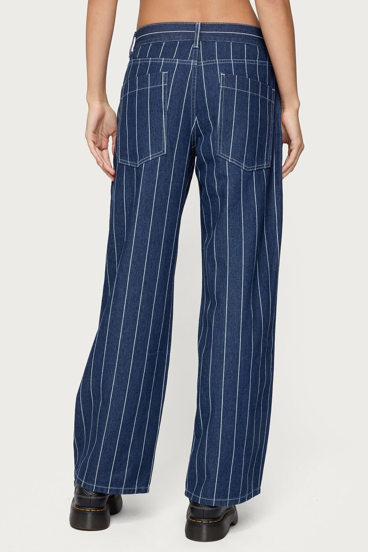 Kyler Pinstripe Mid Rise Baggy Jeans in Rigid 100% Cotton Denim