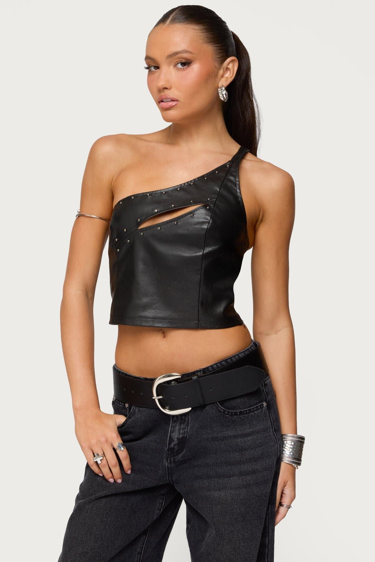 Asymmetric Cutout Faux Leather Top - One Shoulder Adjustable Strap