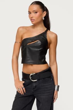 Asymmetric Cutout Faux Leather Top - One Shoulder Adjustable Strap