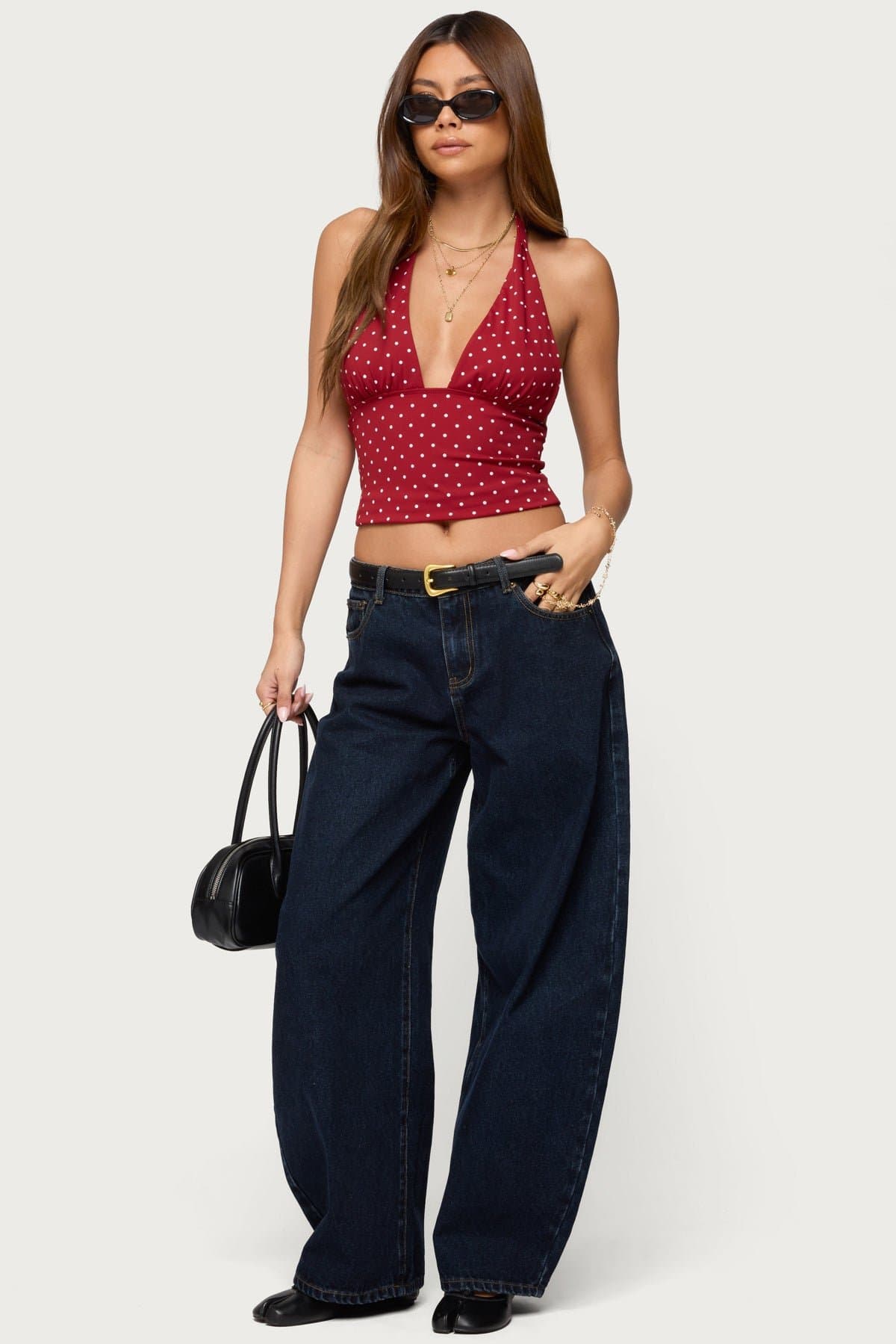 Blaire Polka Dot Halter Top with Neck Tie Closure and Plunging Neckline Polyester Spandex