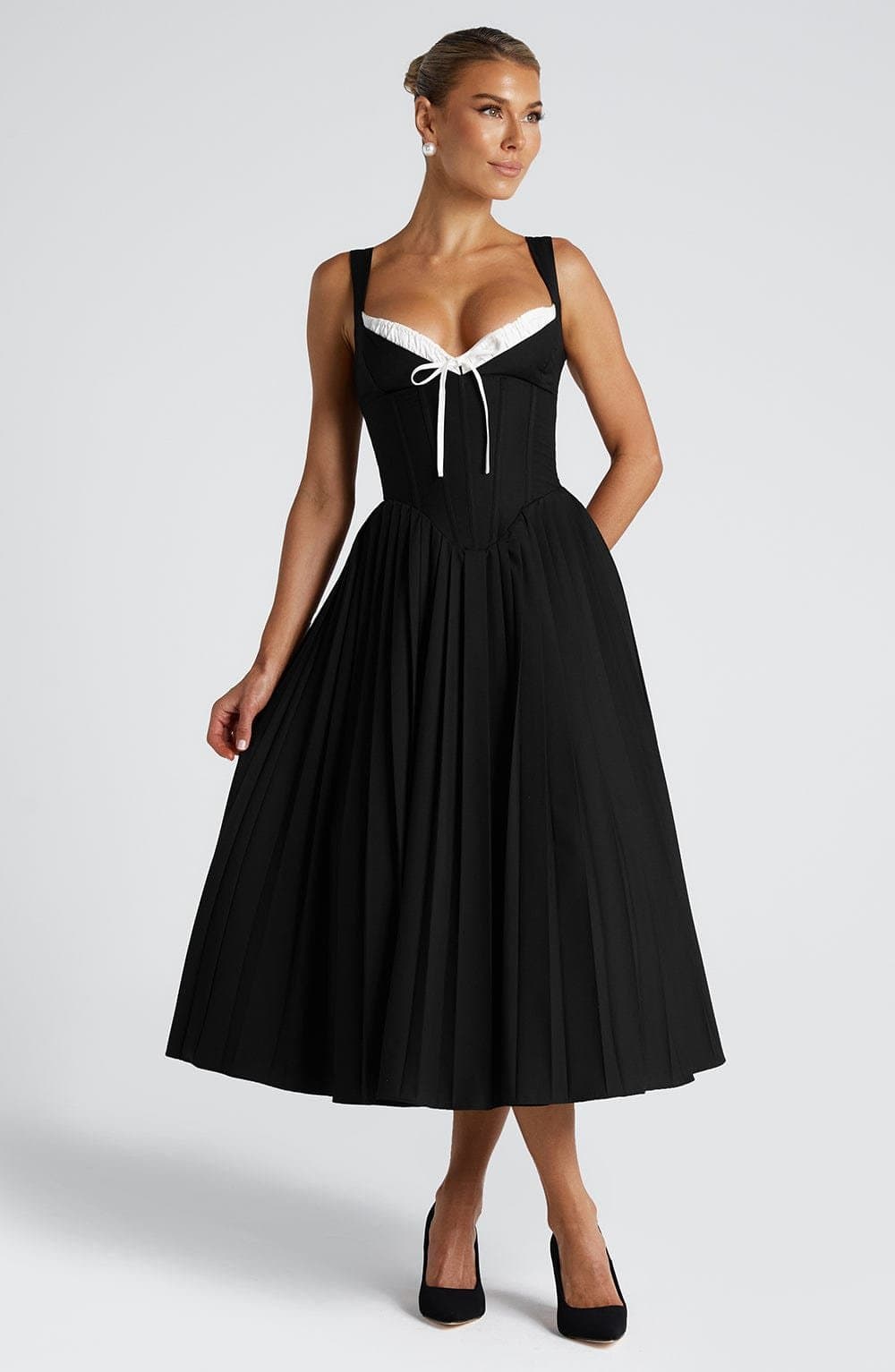 Natassia Midi Dress - Black White Fan Straps Sweetheart Neckline Lace-Up Back