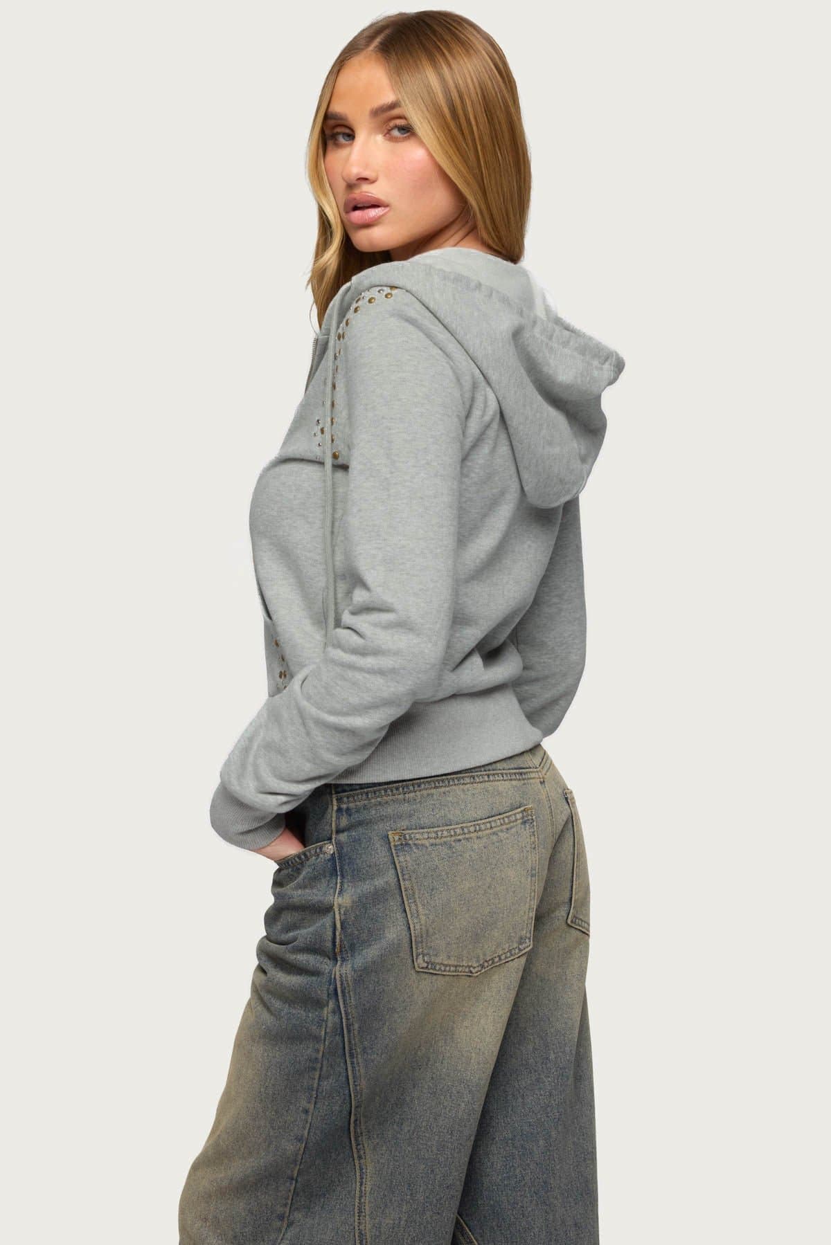 Patricia Studded Zip-Up Hoodie - Polyester Cotton Blend, Front Zip Closure