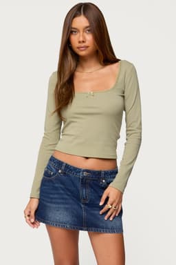 Mora Lace Trim Ribbed Long Sleeve T-Shirt with Center Bow - Cotton Spandex
