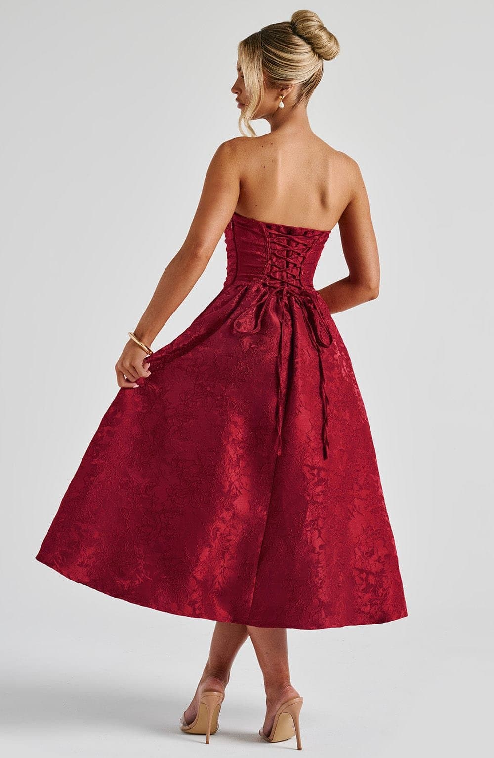 Saoirse Midi Dress in Red - Strapless Floral Jacquard Pleated Bodice