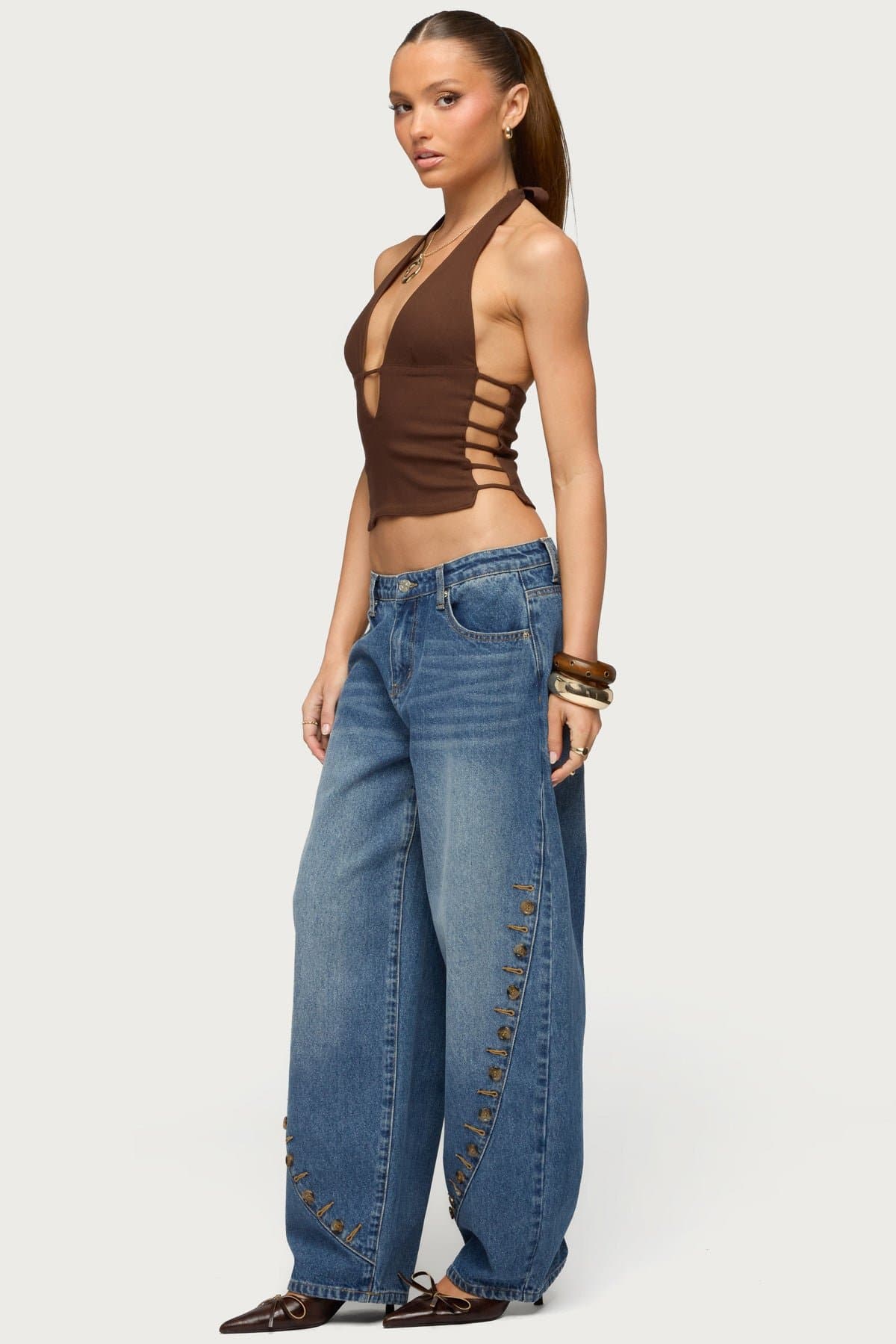 Button Stitch Low Rise Barrel Jeans in Rigid 100% Cotton Denim