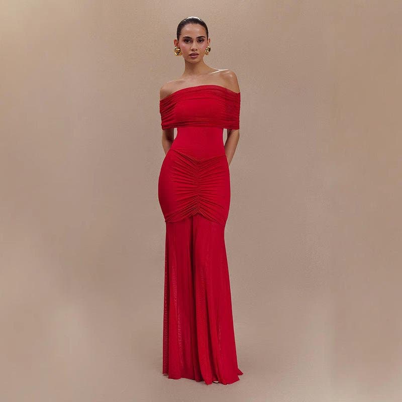 Off Shoulder Ruched Mermaid Maxi Dress – Bodycon Draped Evening Gown for Formal Events XS-XL