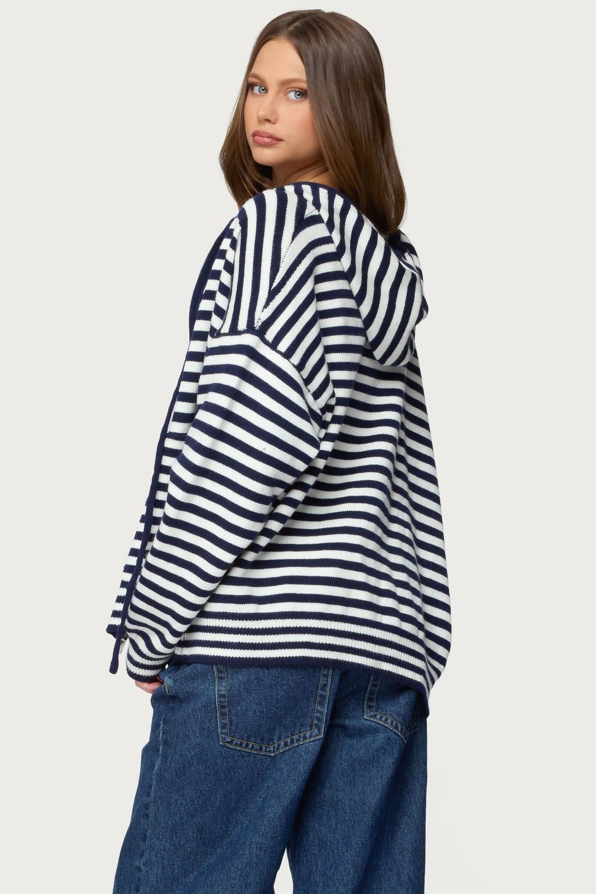 Safari Striped Knit Zip-Up Hoodie - Oversized Acrylic Fit with Contrast Trim