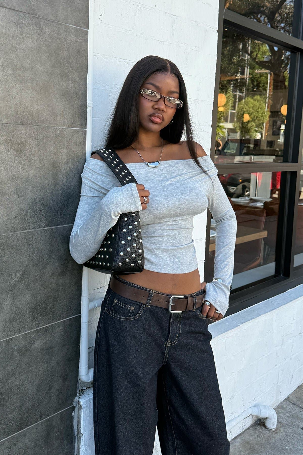 Milane Ruched Off Shoulder Long Sleeve Ribbed Top - Rayon Spandex