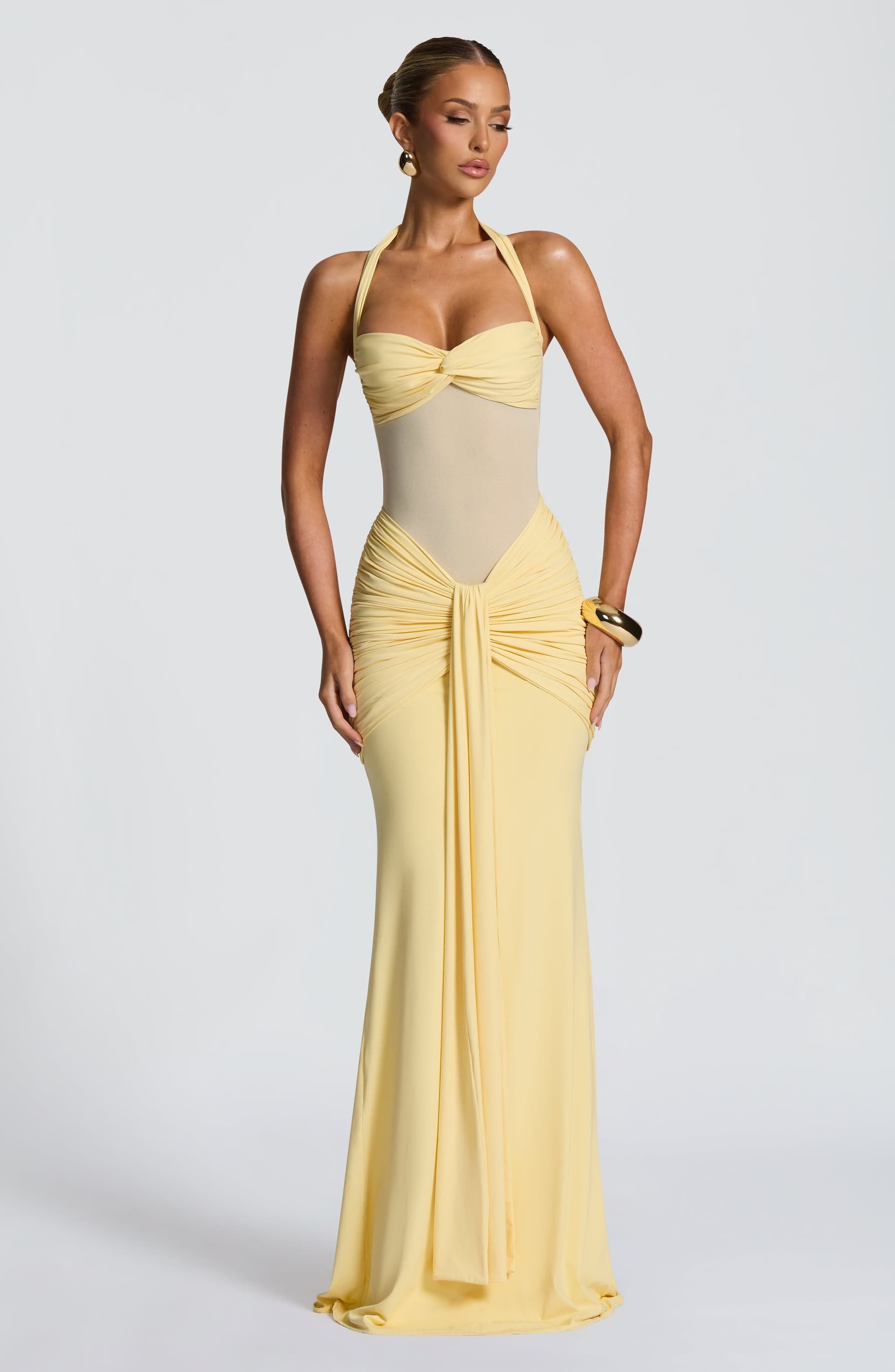 Vixen Lemon Maxi Dress - Stretch Jersey Mesh Sweetheart Halter Neckline