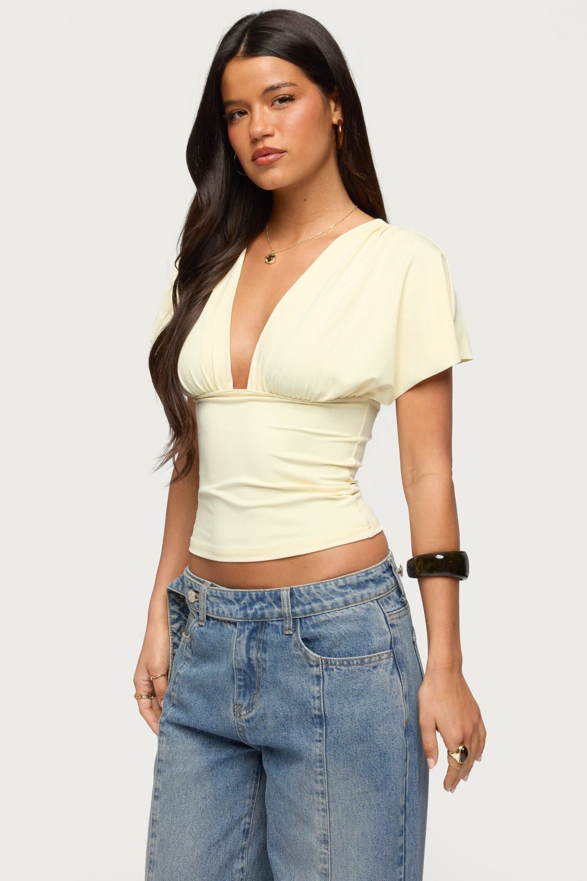 Flutter Plunging V Neck Top - Fitted Polyester Spandex