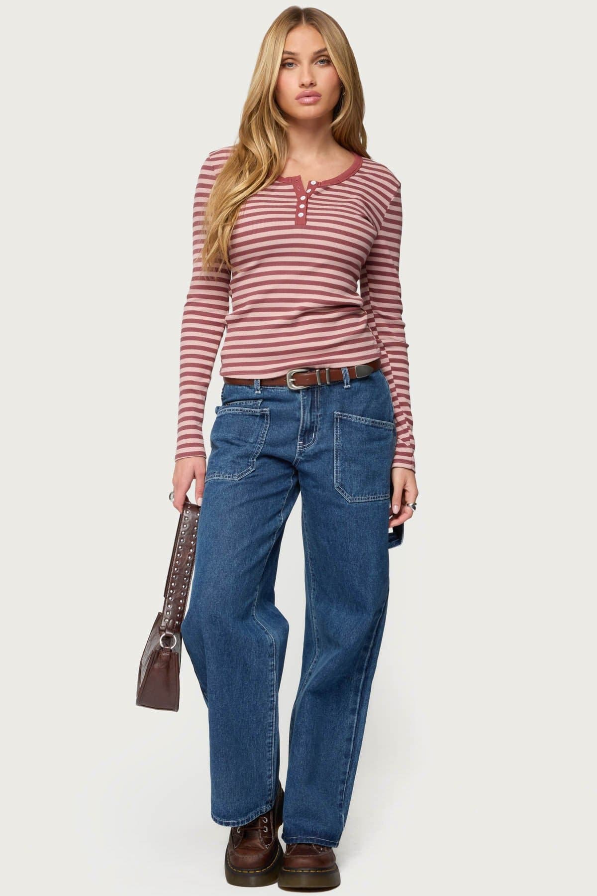 Roma Striped Henley Top Long Sleeve Cotton Spandex Contrast Trim