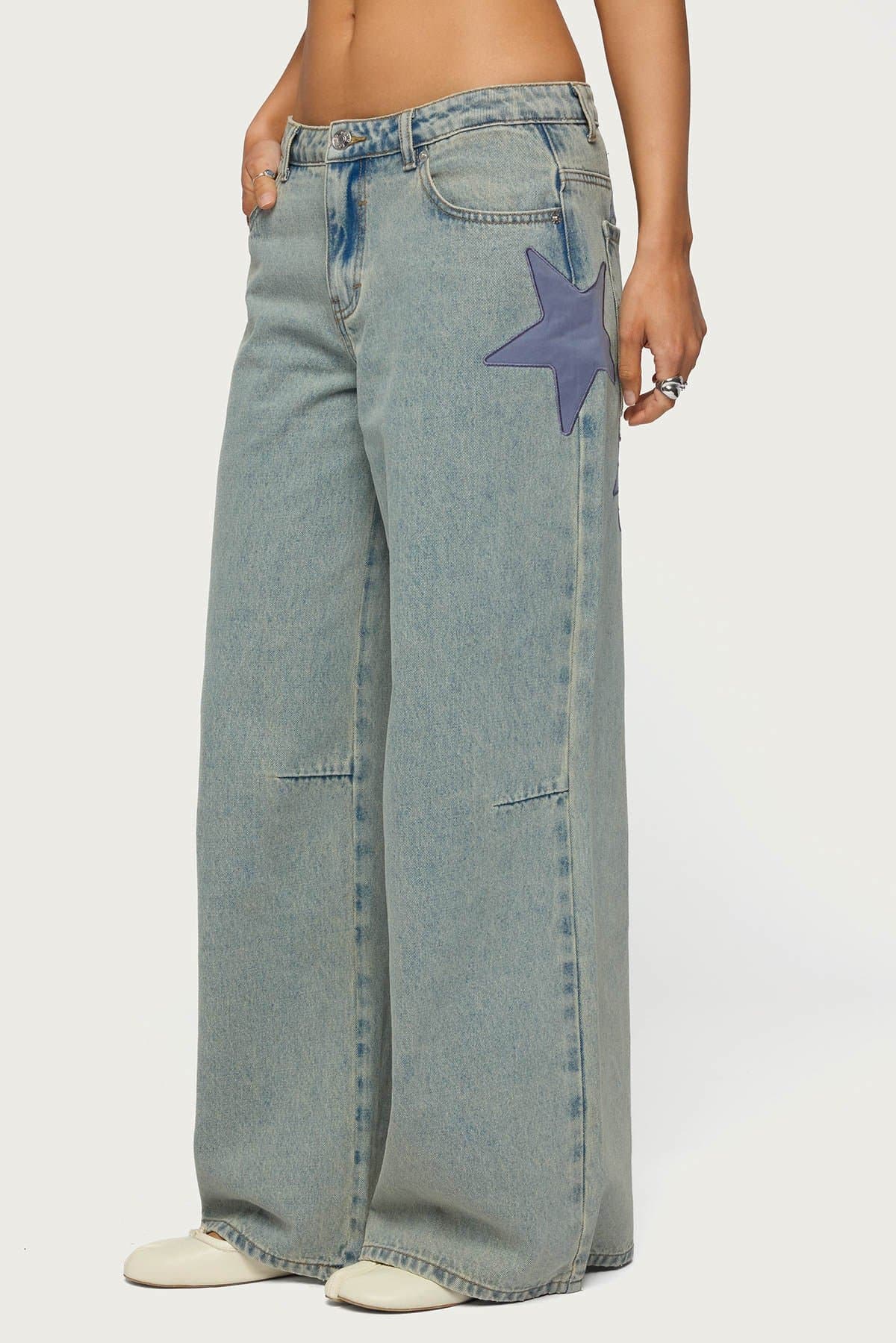 Trish Stars Low Rise Baggy Jeans with Embroidered Satin Star Patches 100% Cotton
