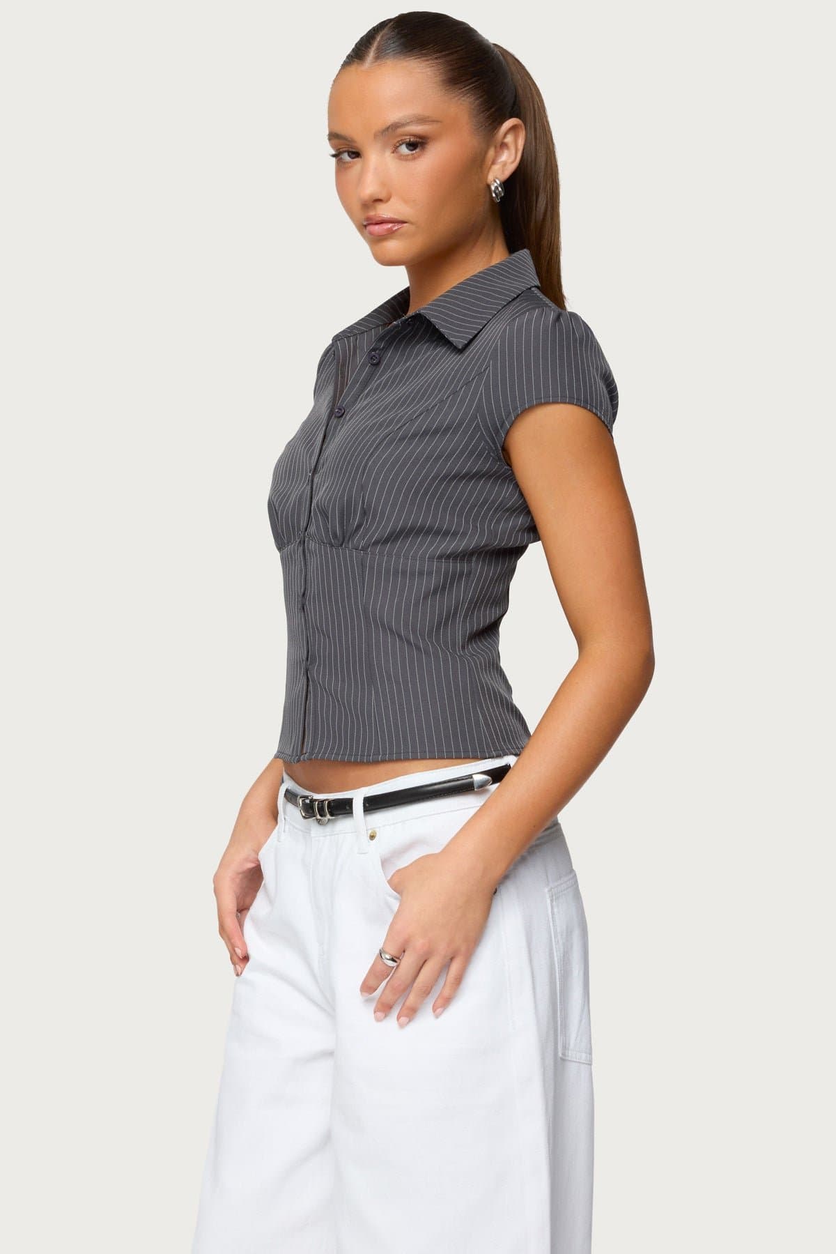 Juney Pinstripe Tailored Button Up Shirt - Cotton Polyester Spandex, Classic Collar, Underbust Ruching