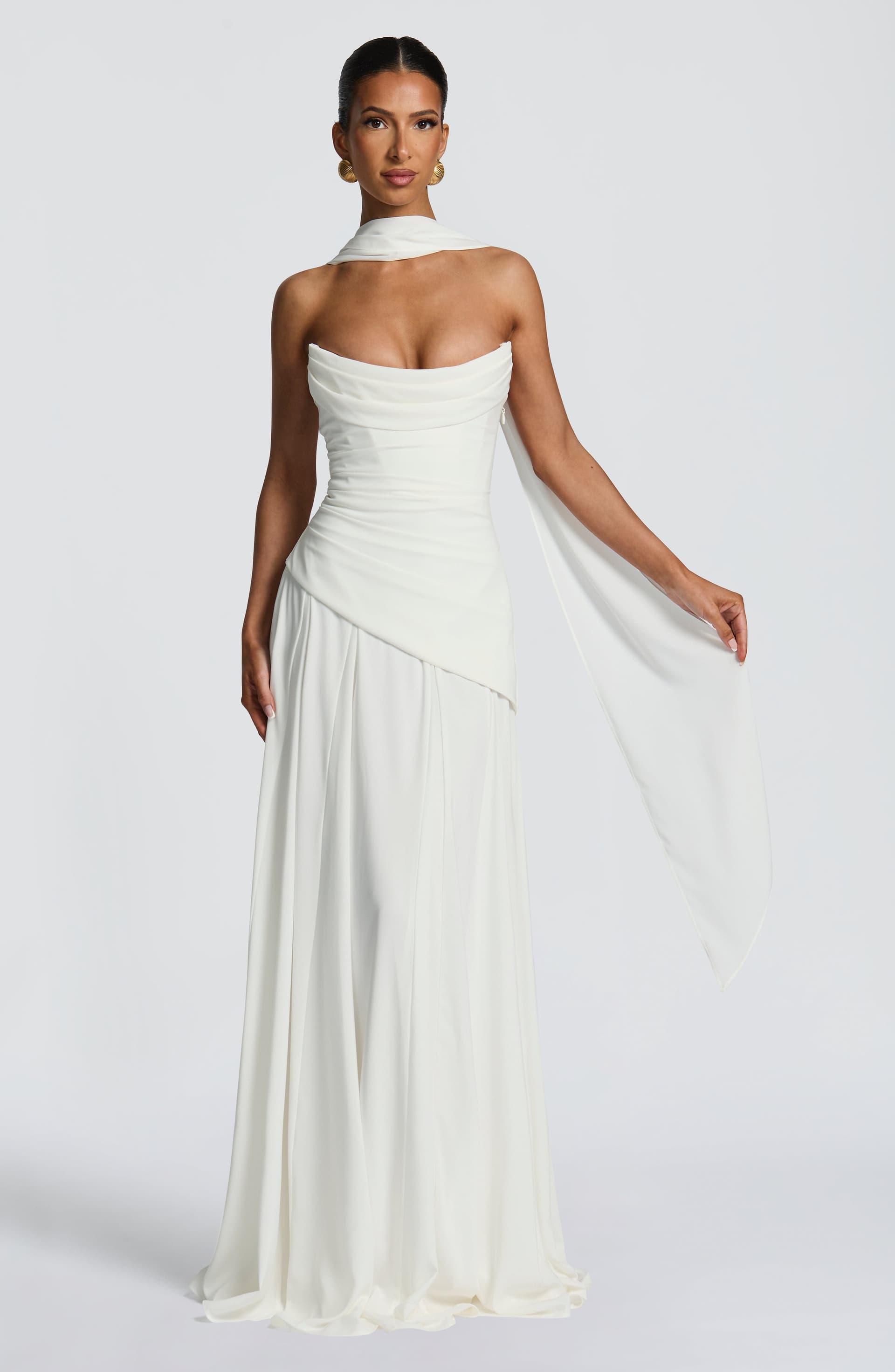 Patricia Maxi Dress in Ivory Chiffon with Lace-Up Back and Godet Skirt