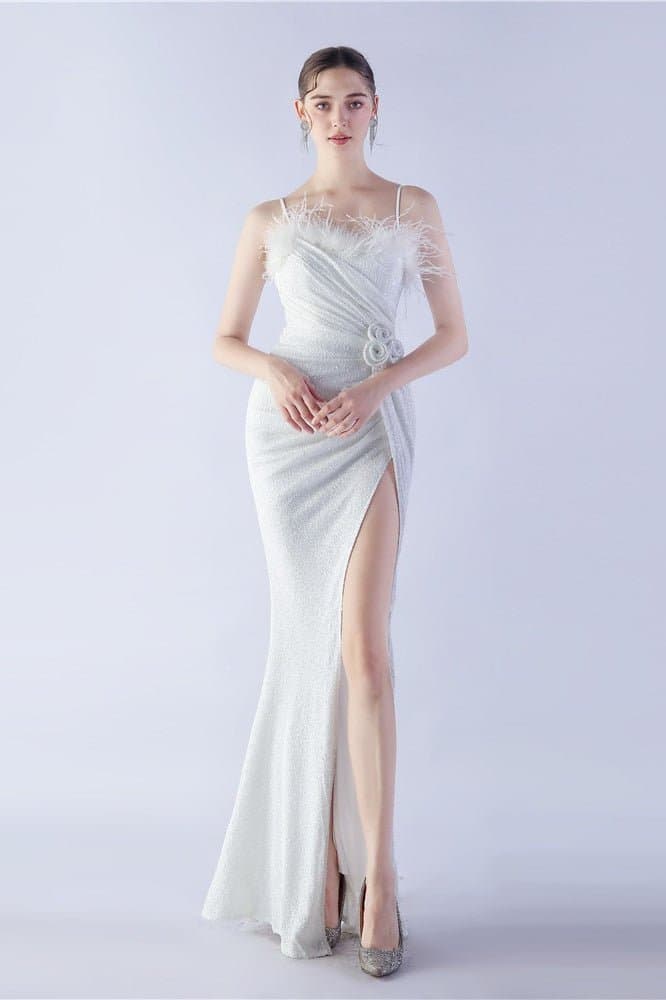 Ostrich Feather Embellished V-Neck Sleeveless Maxi Dress