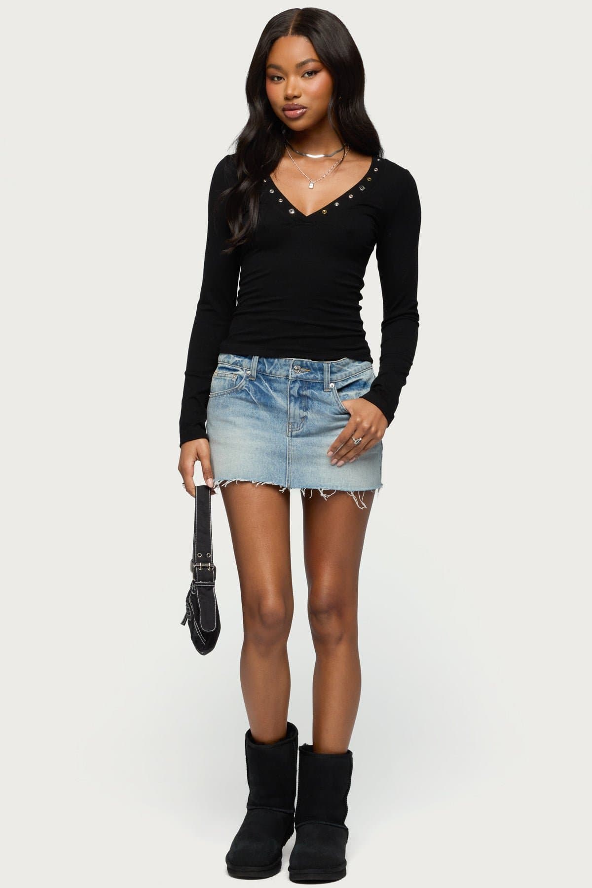 Rossie Long Sleeve V-Neck Top with Metallic Stud Grommet Button Trim Nylon Spandex