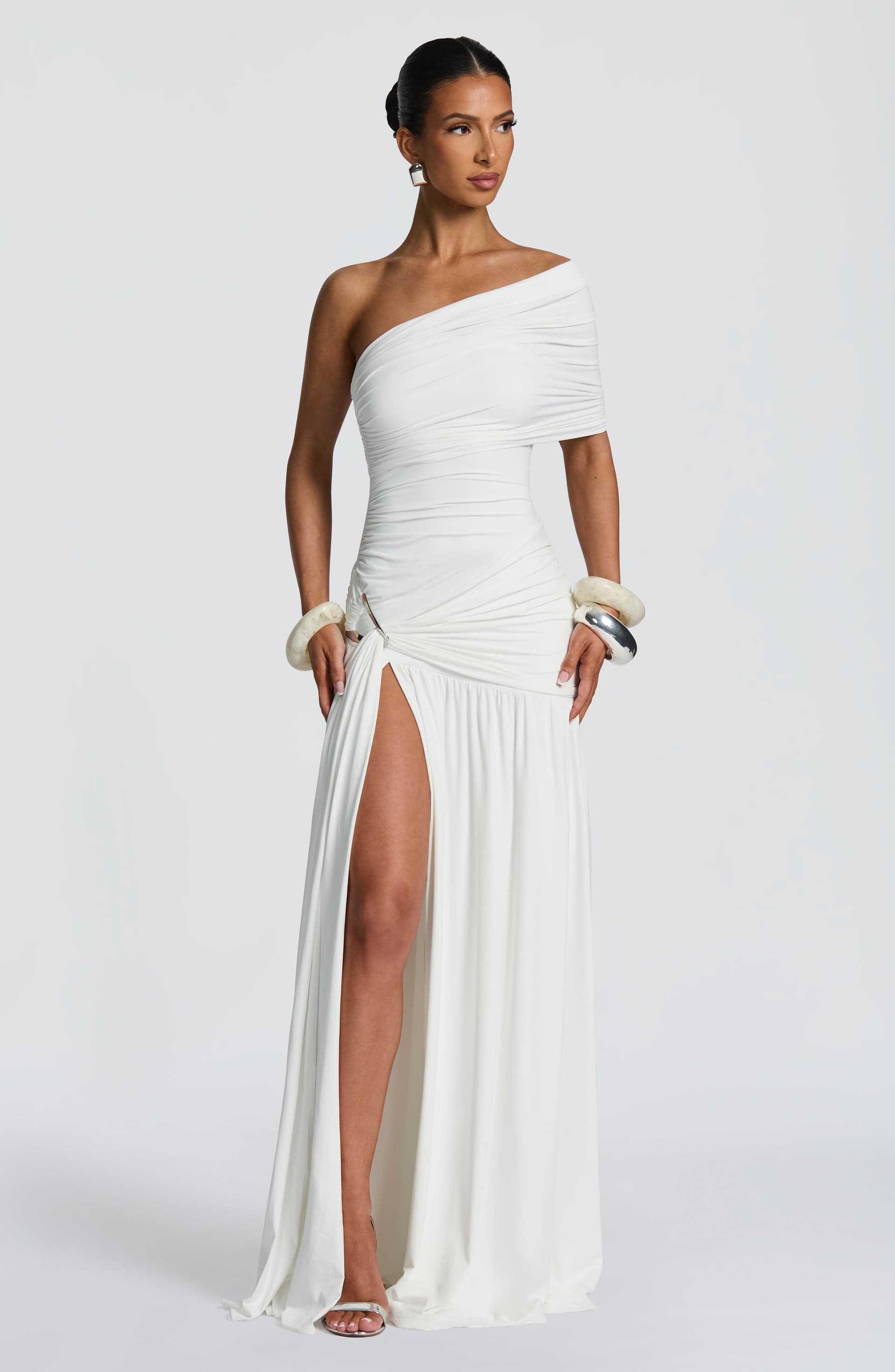 Monica Maxi Dress - White One Shoulder Bardot Neckline with Thigh High Split