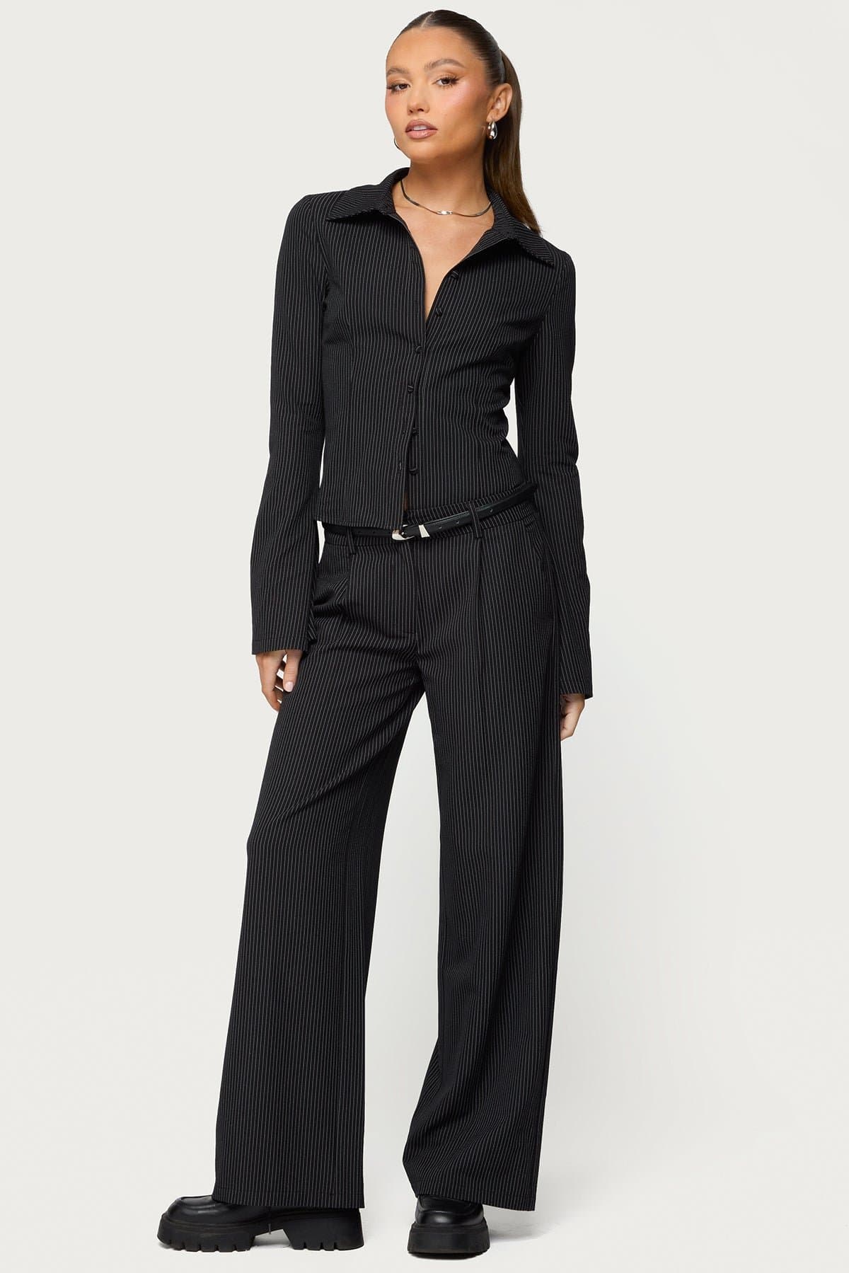 Pinstripe Tailored Straight Leg Pants - Polyester Rayon Spandex Blend