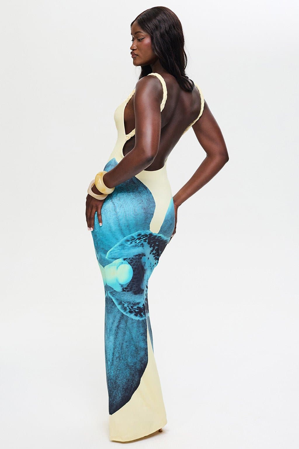 FLEUR Maxi Dress Jungle Orchid Print Square Neck Backless High Stretch