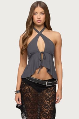 Dafnie Split Front Crisscross Halter Top in Rayon Spandex