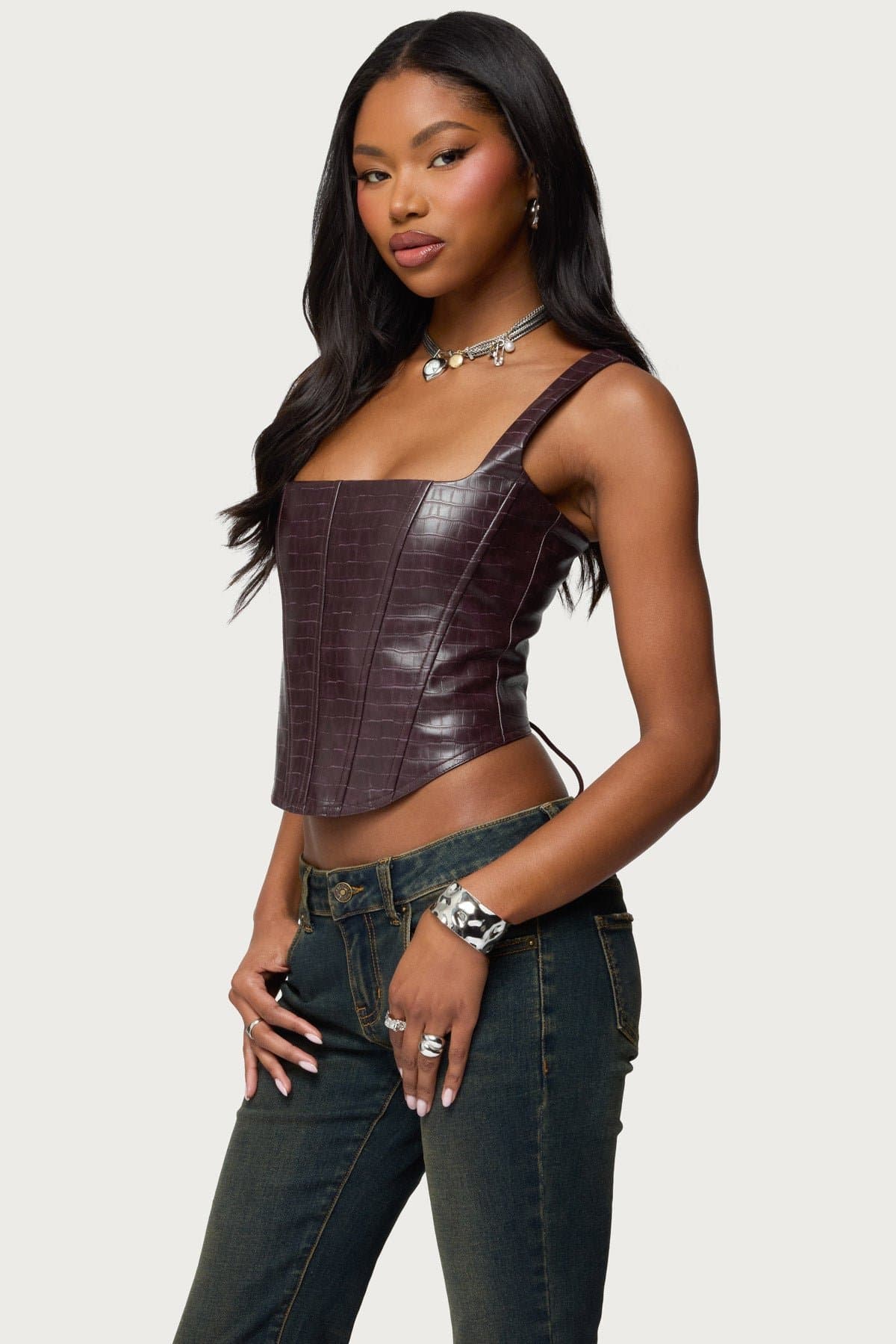Shana Faux Croc Leather Corset Square Neckline Boned Bodice Lace Up Back Polyurethane Rayon