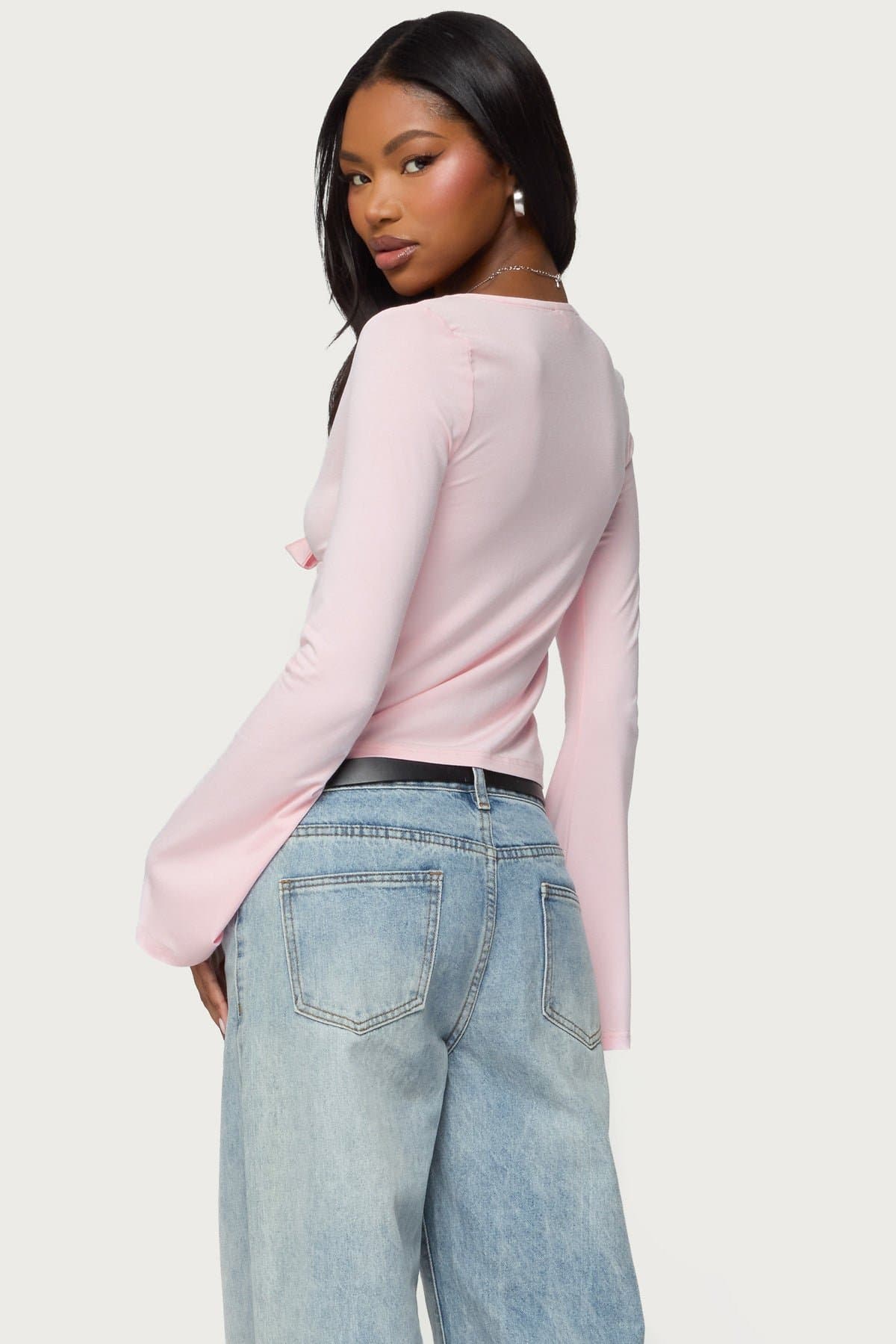 Scarlette Tie Front Top - Long Sleeve Rayon Spandex Split Front Blouse