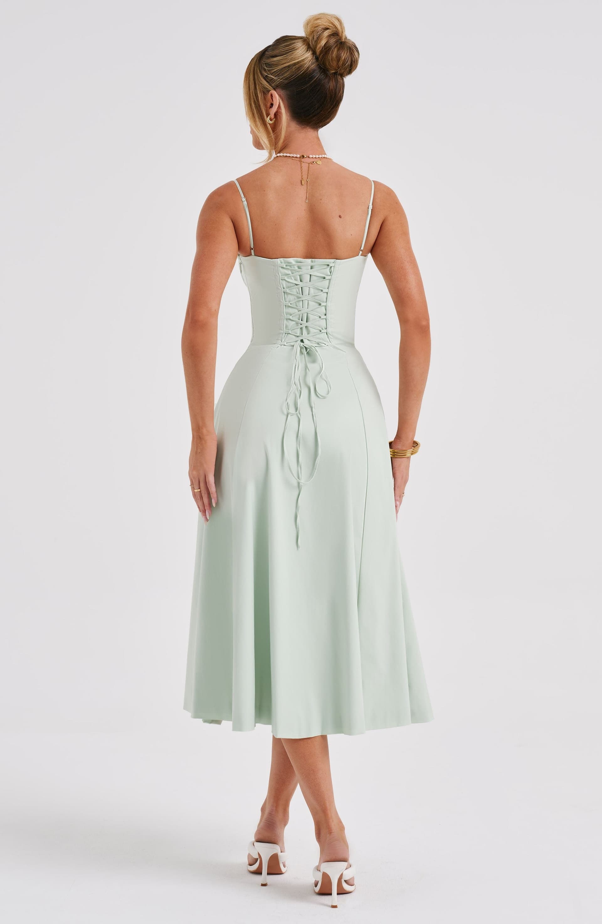 Deanna Midi Dress - Sage Green Cotton Blend with Corset Bodice and Thigh Split