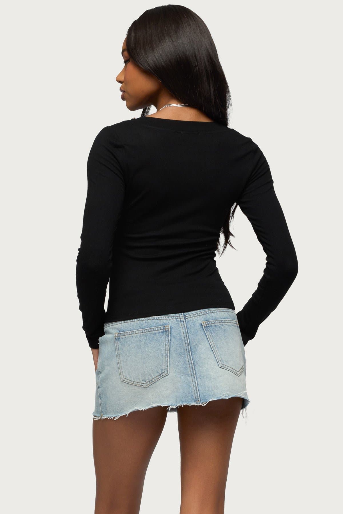 Rossie Long Sleeve V-Neck Top with Metallic Stud Grommet Button Trim Nylon Spandex