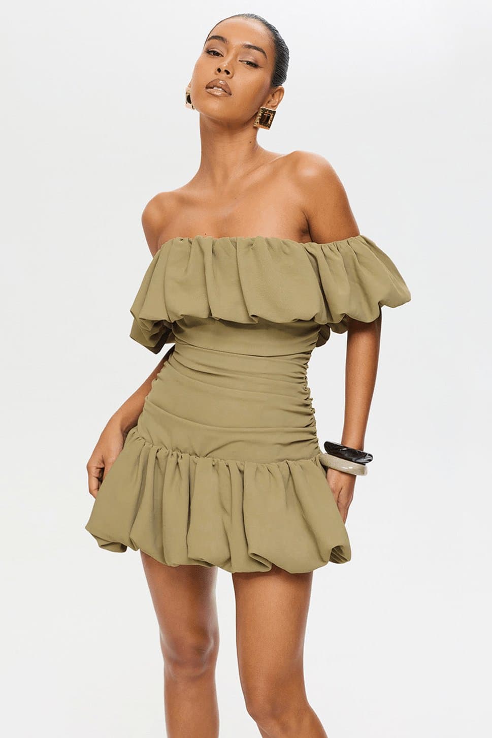 SAGE Mini Dress with Lace Up Back, Bubble Bardot Neckline, Ruched Seams UK 6-8