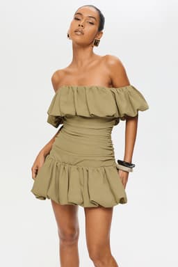 SAGE Mini Dress with Lace Up Back, Bubble Bardot Neckline, Ruched Seams UK 6-8