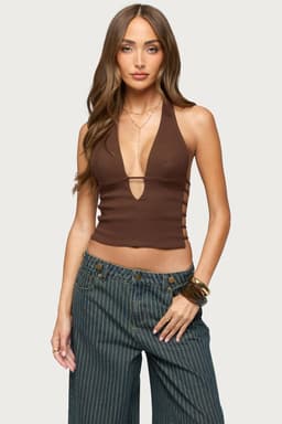 Aneera Cutout Plunging Halter Top in Rayon Nylon Spandex