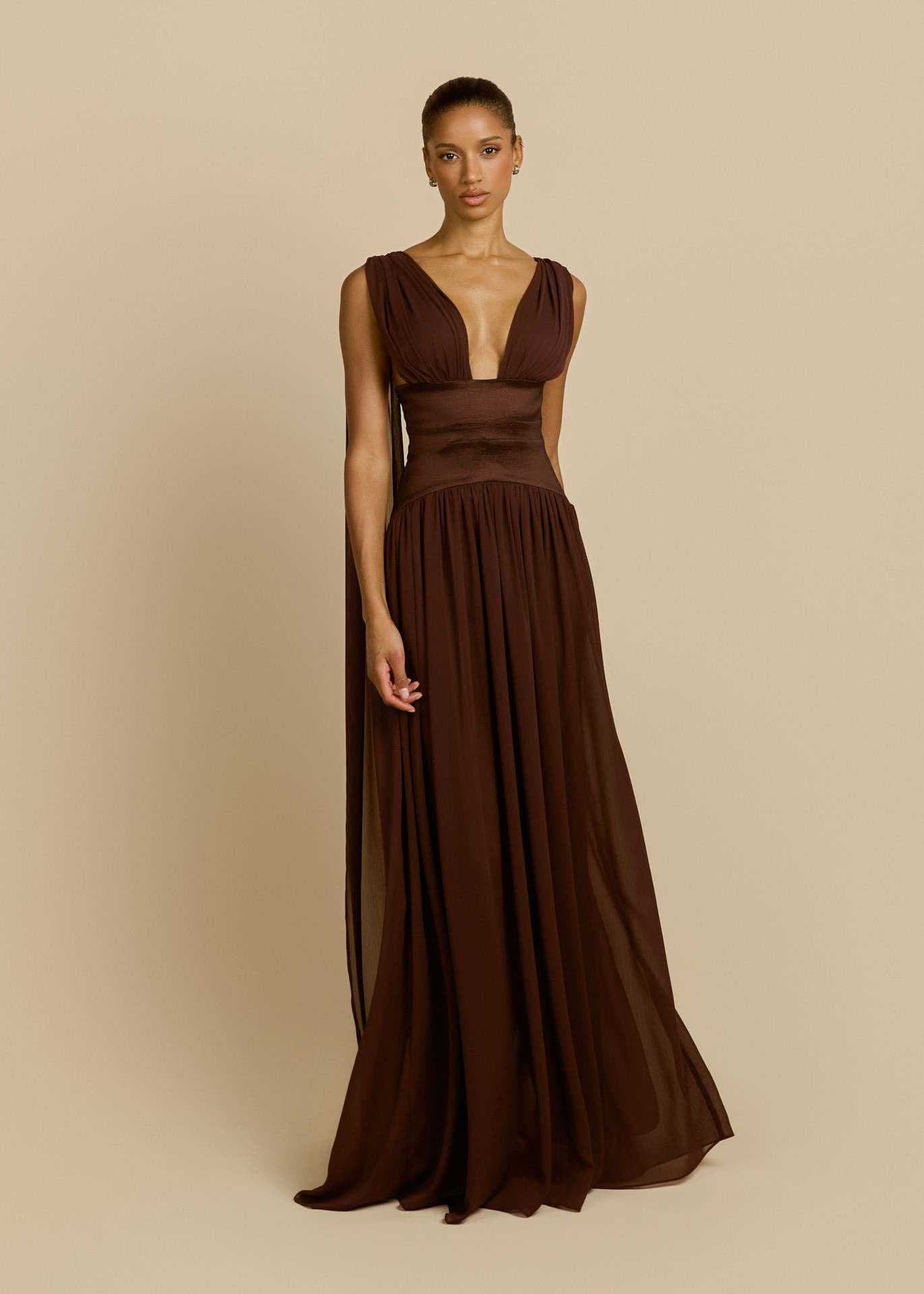 Deep V Neck Cape Shoulder Chiffon Maxi Dress – Greek Goddess Draped Open Back Evening Gown XS-XXL