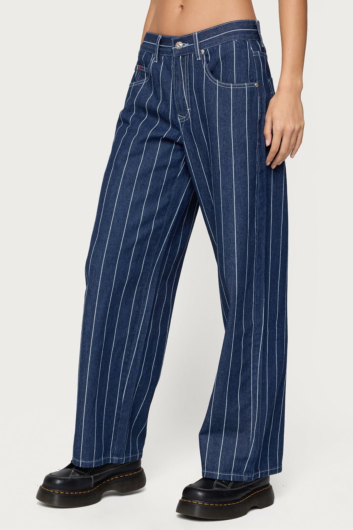 Kyler Pinstripe Mid Rise Baggy Jeans in Rigid 100% Cotton Denim