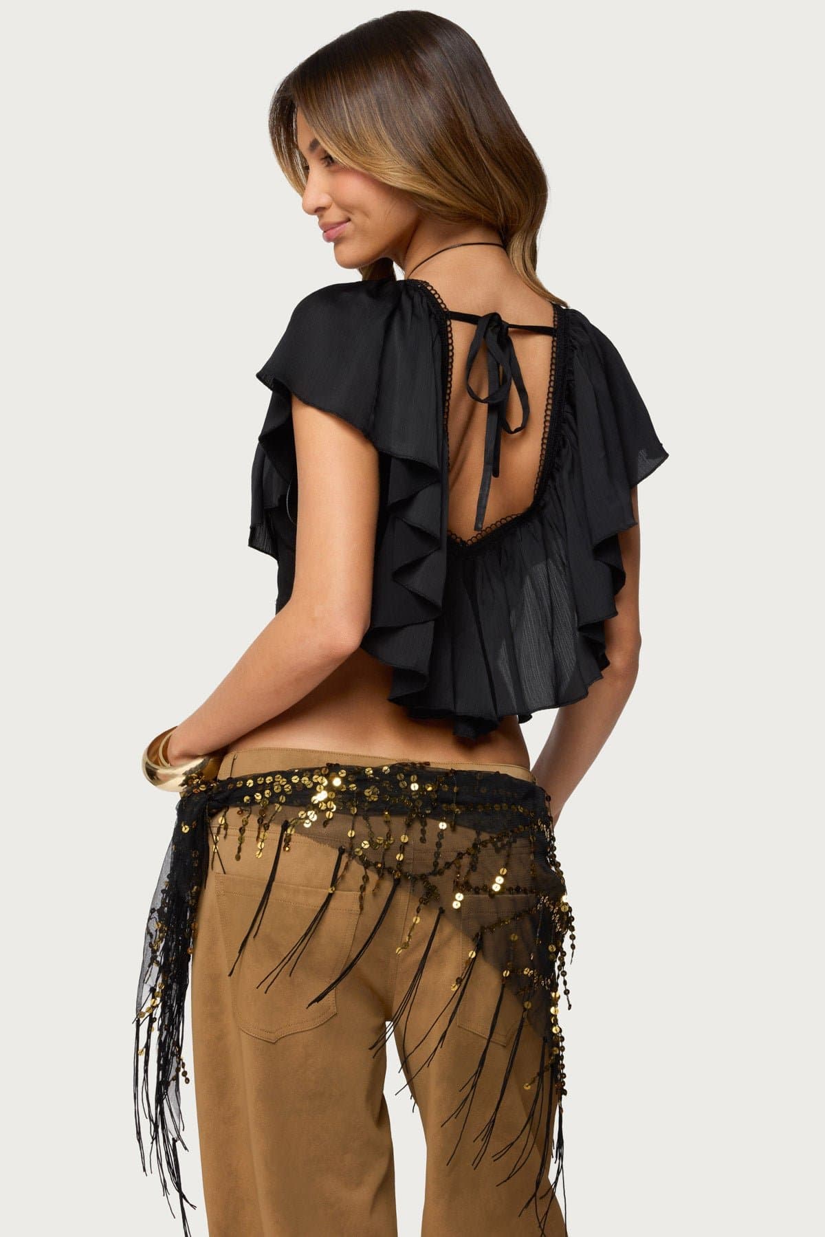 Deena Ruffled V-Neck Top - Polyester Frill Trim Open Back Tie Detail