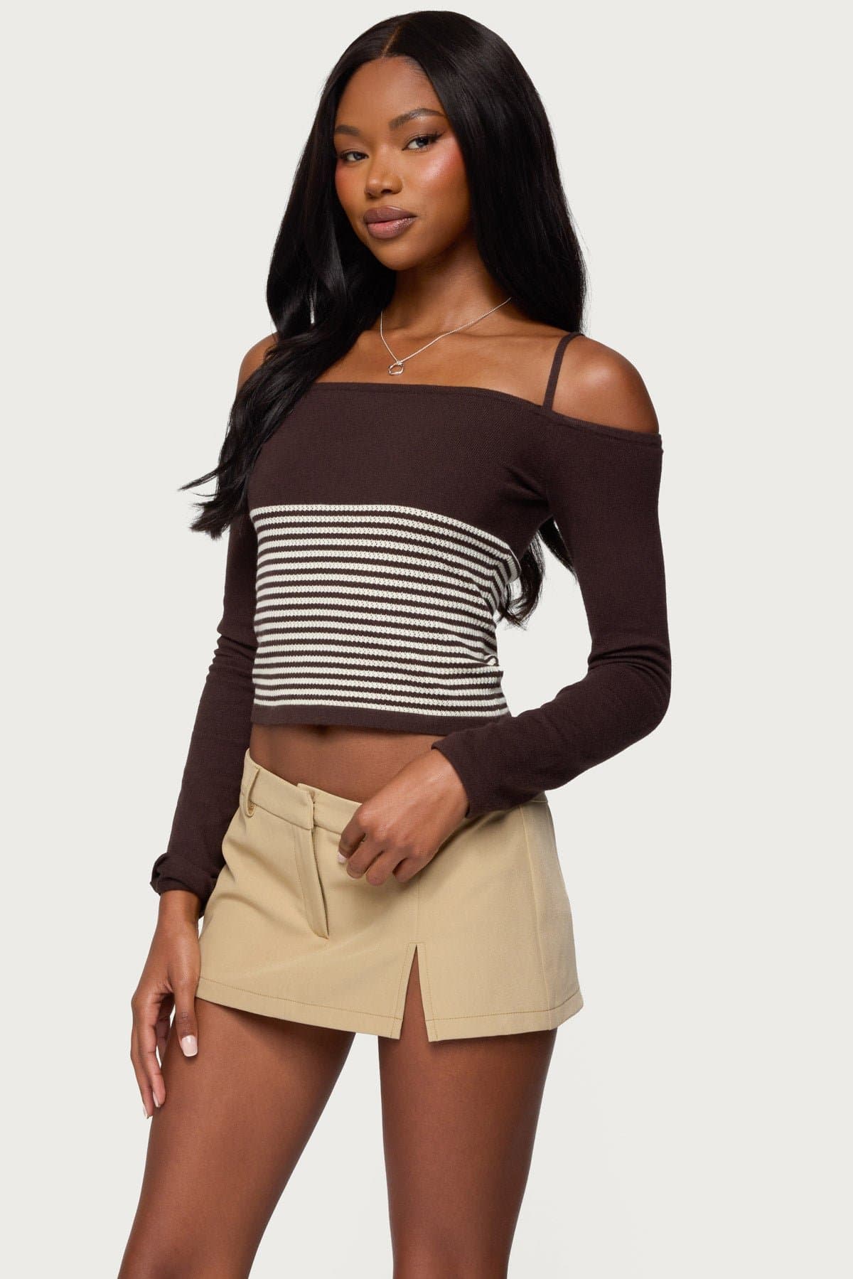 Darya Striped Off Shoulder Long Sleeve Knit Top - Rayon Nylon Polyester