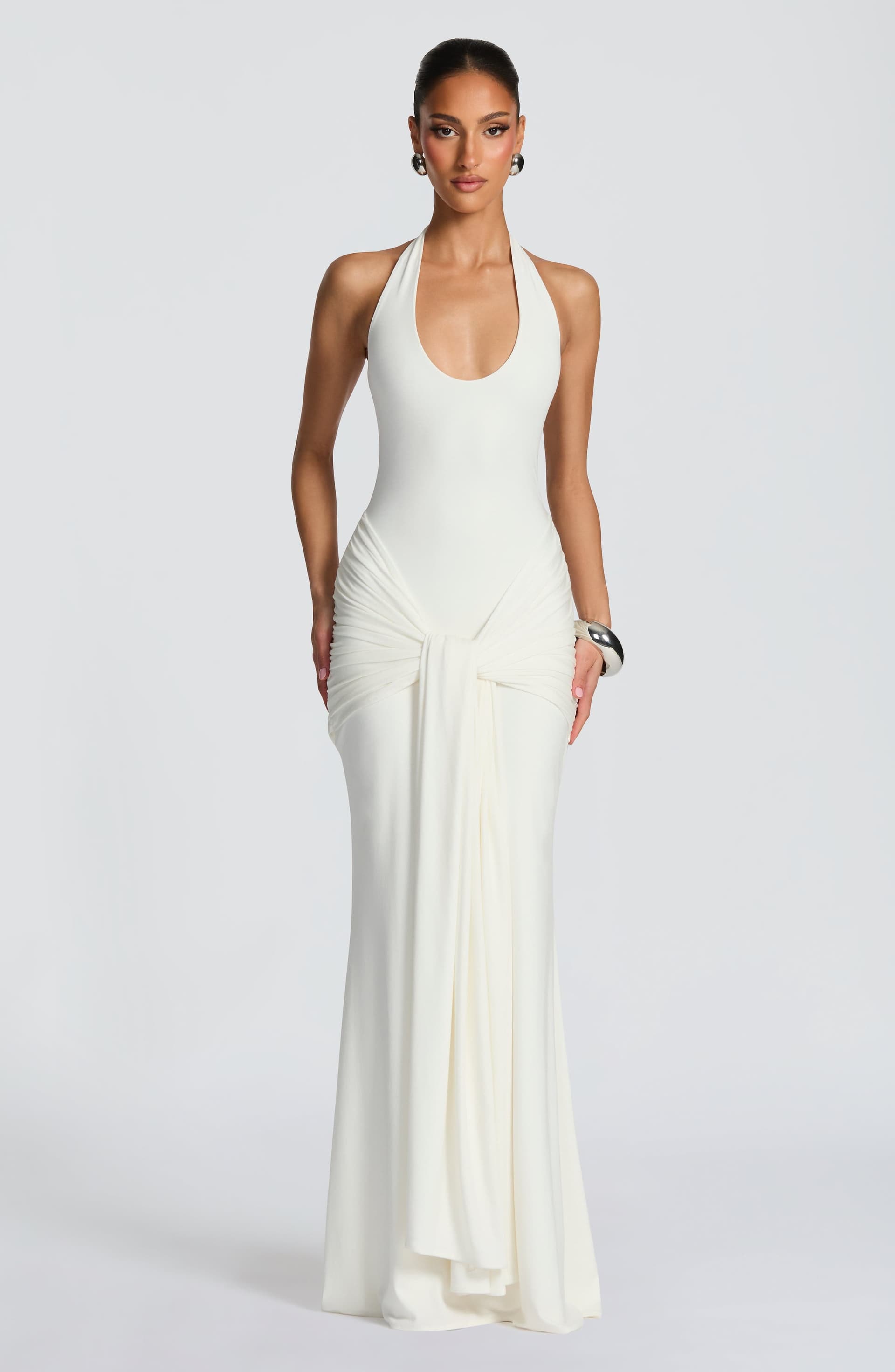 Veneda Maxi Dress in Ivory - Modal Jersey Plunge Neckline Halter Ties Ruched Hips