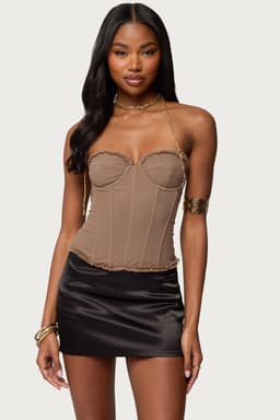 Deirdre Mesh Lace Up Corset - Frilled Trim Boned Bodice Polyester Spandex