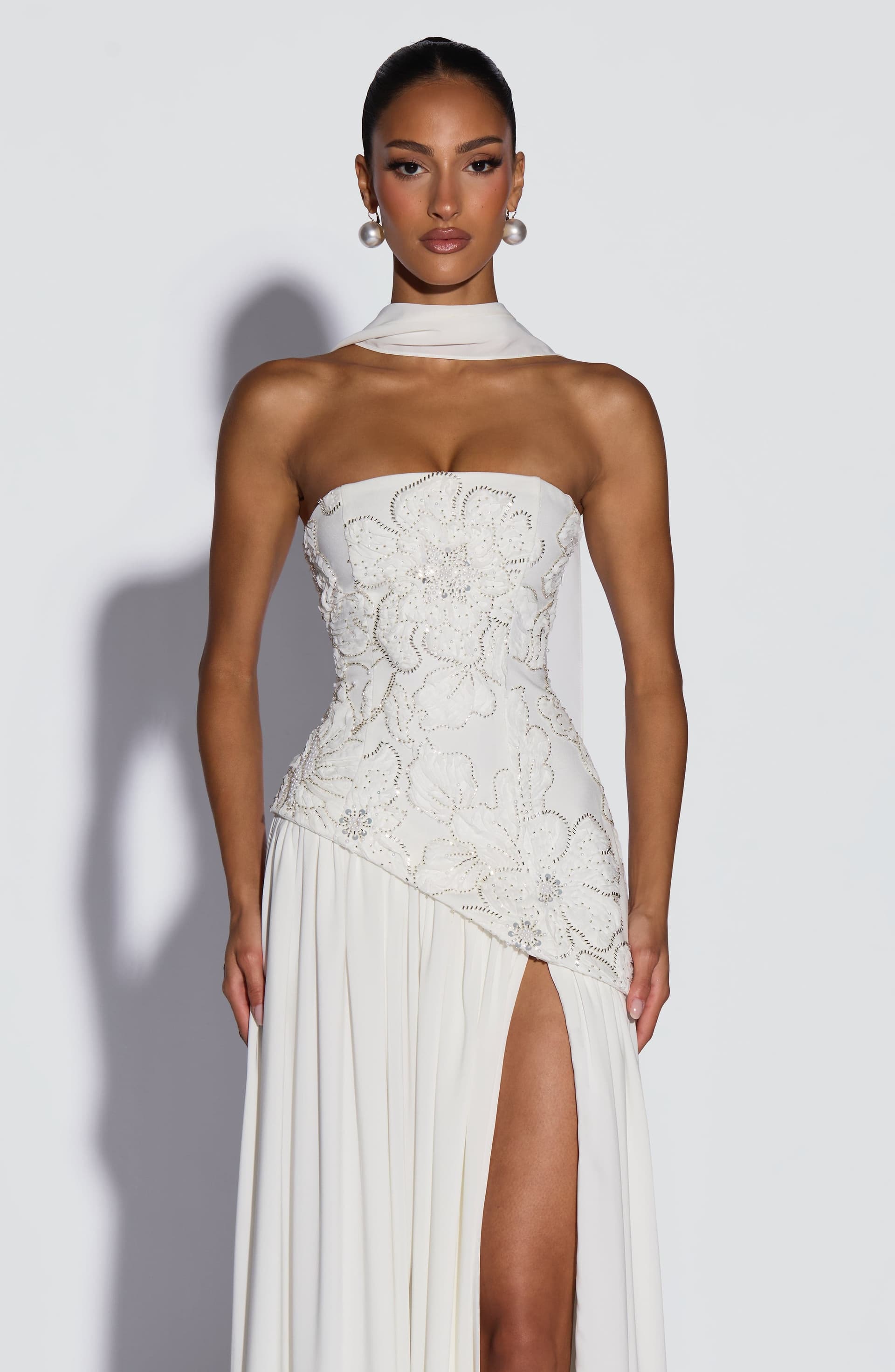 Anneliese Maxi Dress in Ivory Crepe Bodice Chiffon Skirt with Embellishments