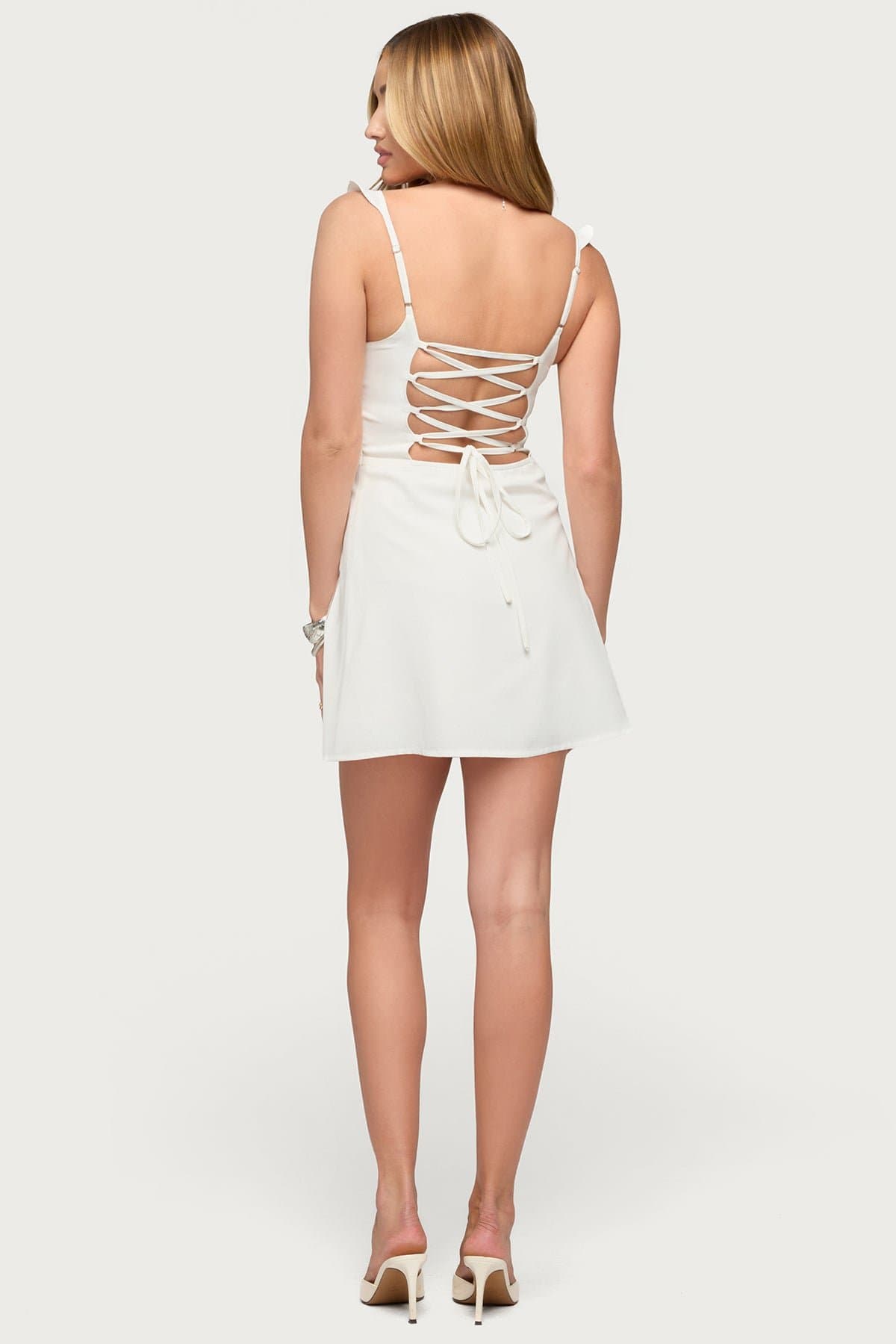 Cristina Ruffle Flare Mini Dress with Adjustable Straps, Center Ruching, Lace-Up Back, Polyester